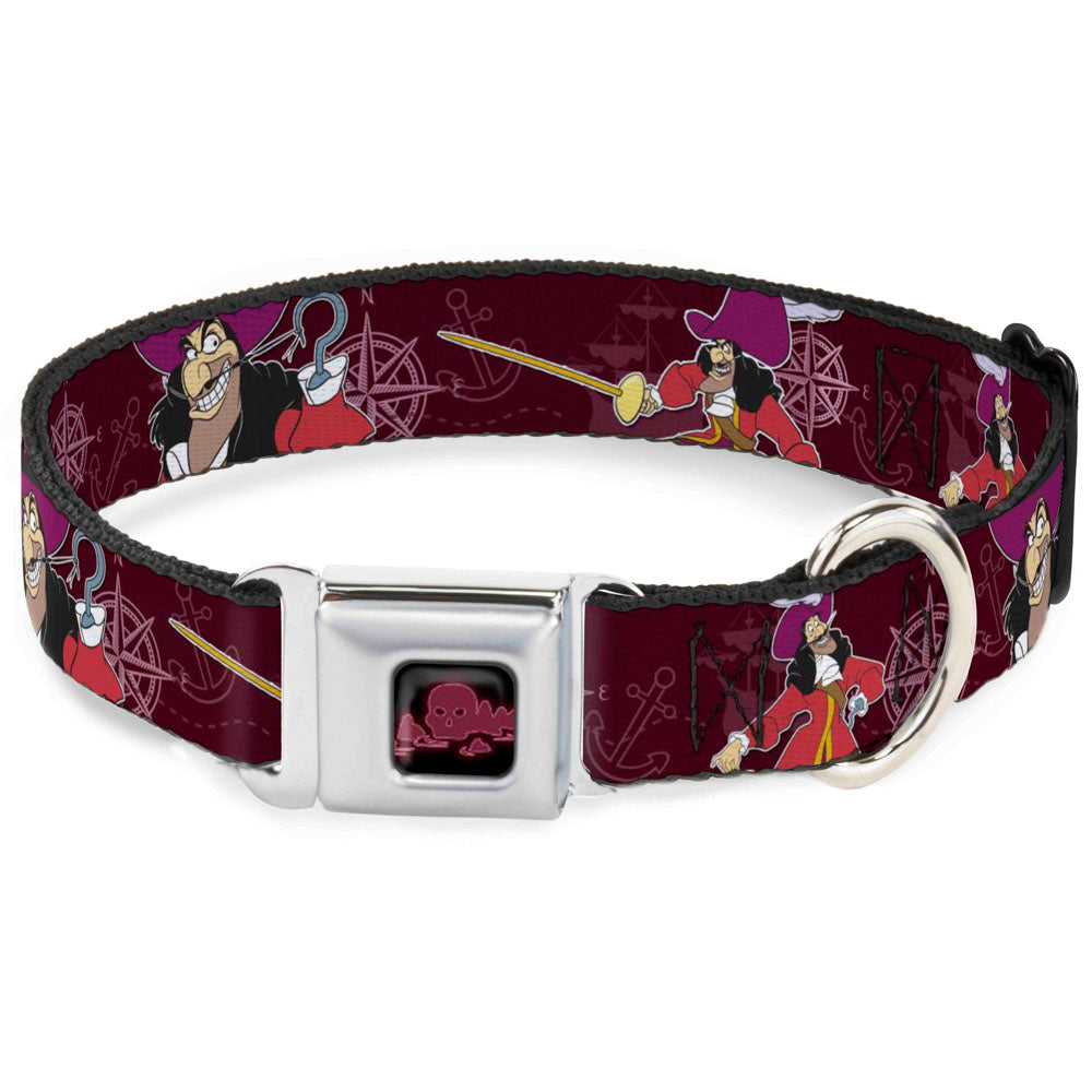 Peter Pan Skull Rock Full Color Black/Burgundy Seatbelt Buckle Collar - Captain Hook Poses/Nautical Elements Burgundy Seatbelt Buckle Collars Disney