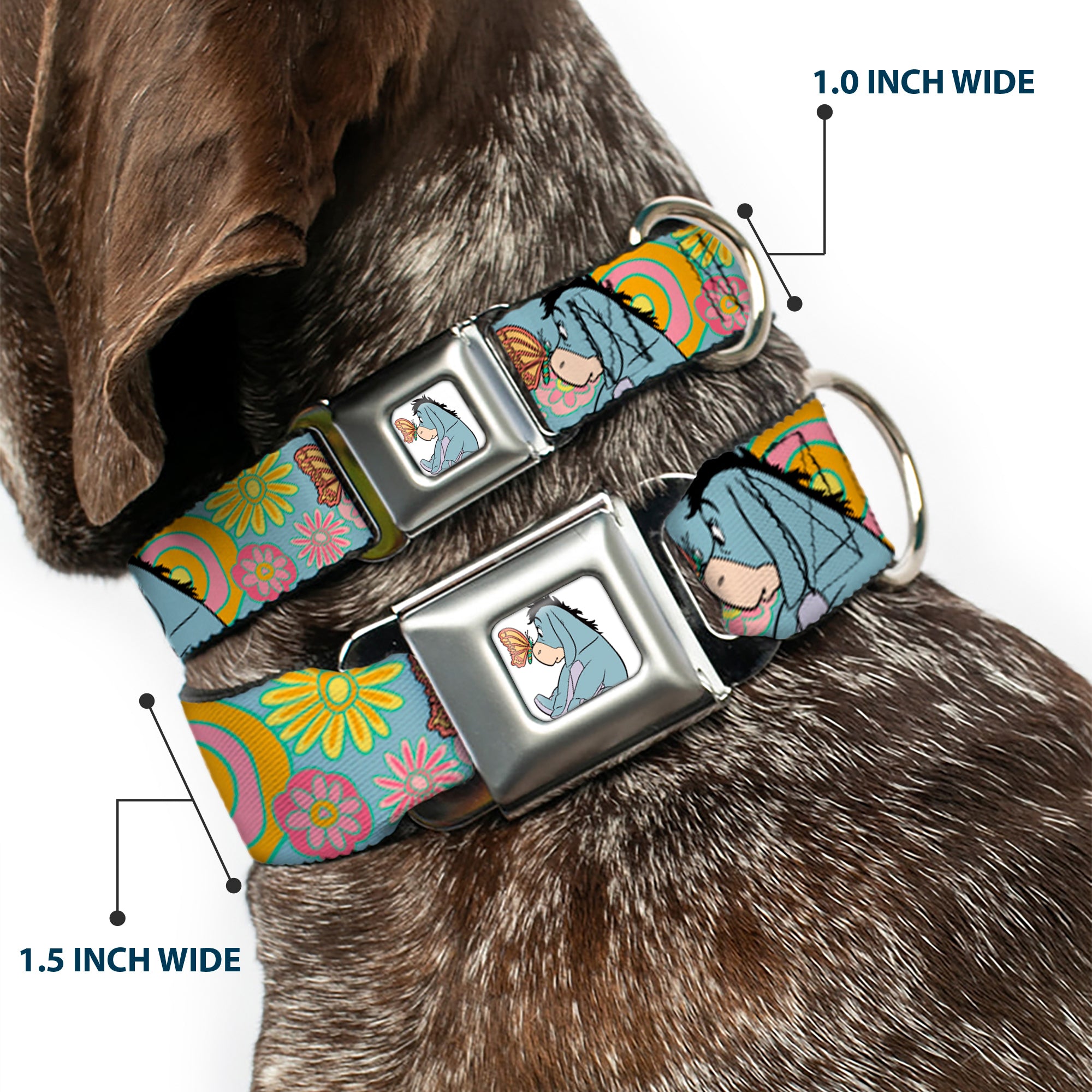 Winnie the Pooh Eeyore Butterfly Pose Full Color White Seatbelt Buckle Collar - Winnie the Pooh Eeyore Butterfly Pose Floral Collage Blue/Pinks/Yellows Seatbelt Buckle Collars Disney