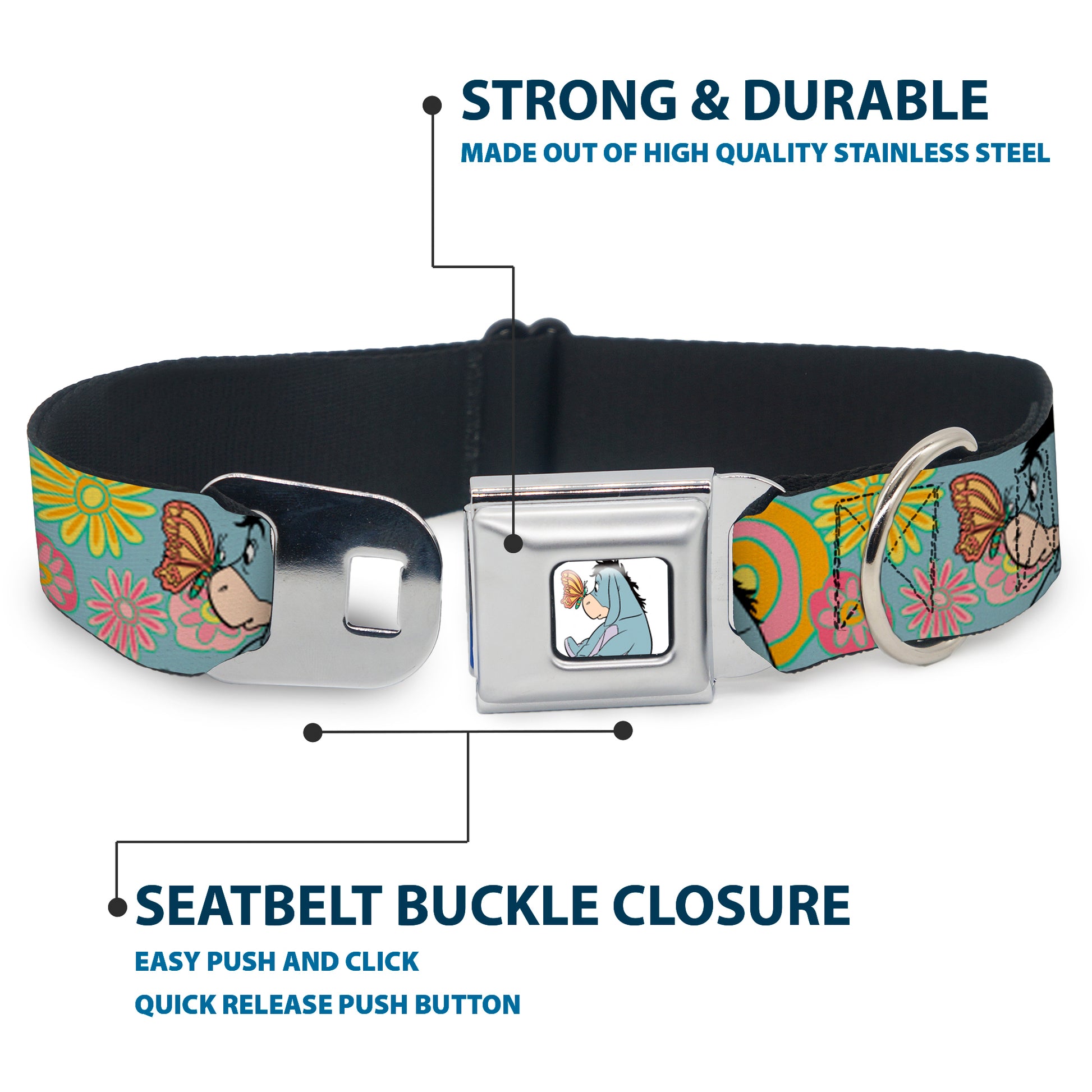 Winnie the Pooh Eeyore Butterfly Pose Full Color White Seatbelt Buckle Collar - Winnie the Pooh Eeyore Butterfly Pose Floral Collage Blue/Pinks/Yellows Seatbelt Buckle Collars Disney