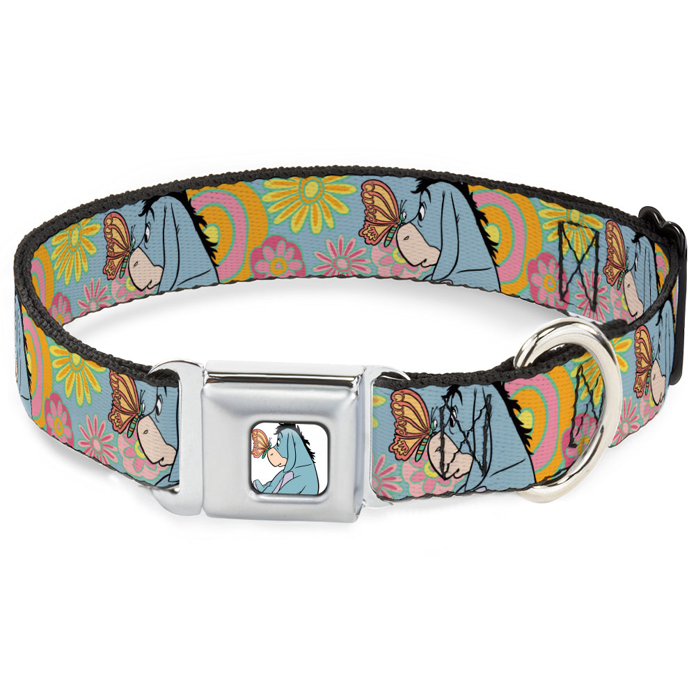 Winnie the Pooh Eeyore Butterfly Pose Full Color White Seatbelt Buckle Collar - Winnie the Pooh Eeyore Butterfly Pose Floral Collage Blue/Pinks/Yellows Seatbelt Buckle Collars Disney