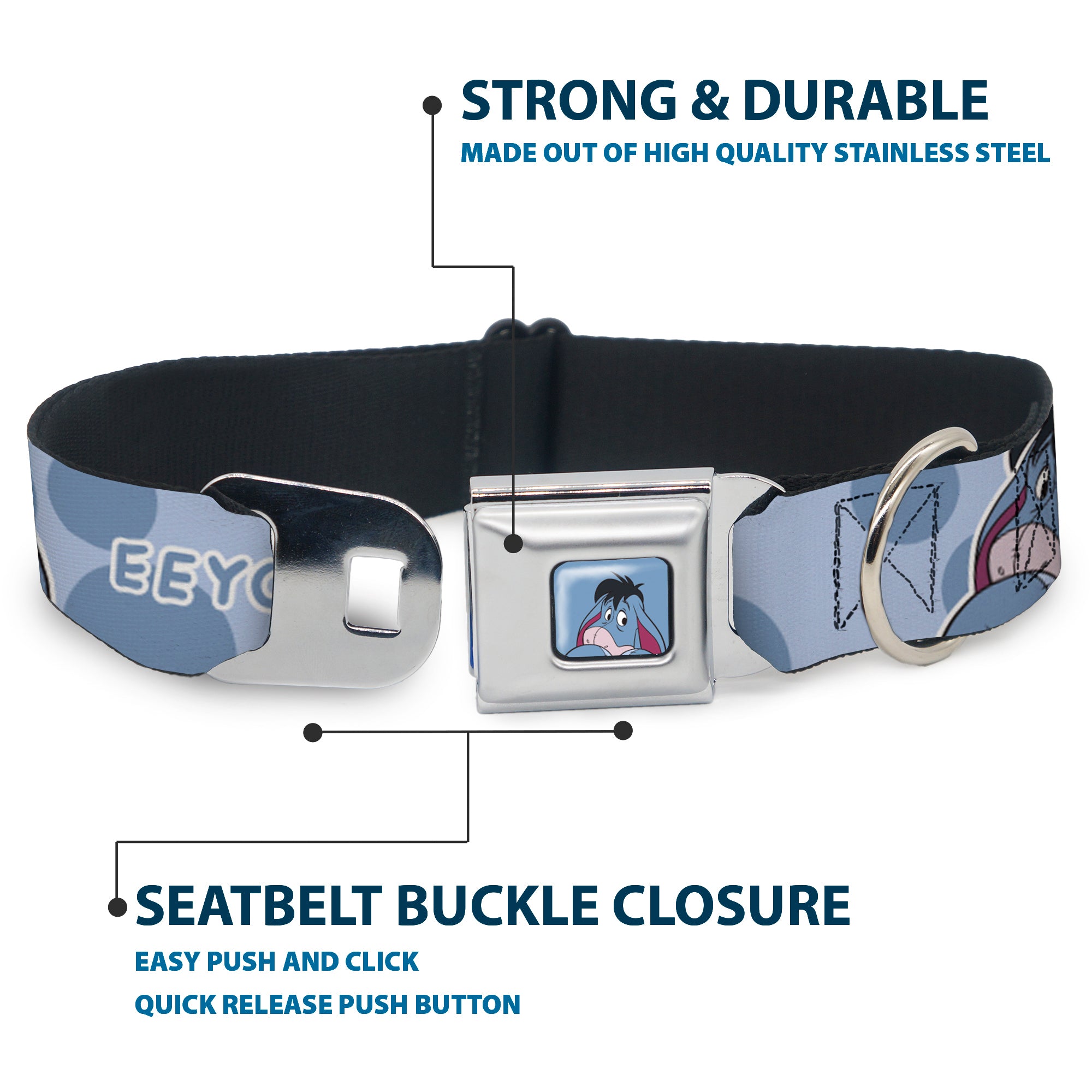 Winnie the Pooh Eeyore Expression Close-Up Blue Seatbelt Buckle Collar - Winnie the Pooh Eeyore Text and Expression Close-Up Dot Blues Seatbelt Buckle Collars Disney