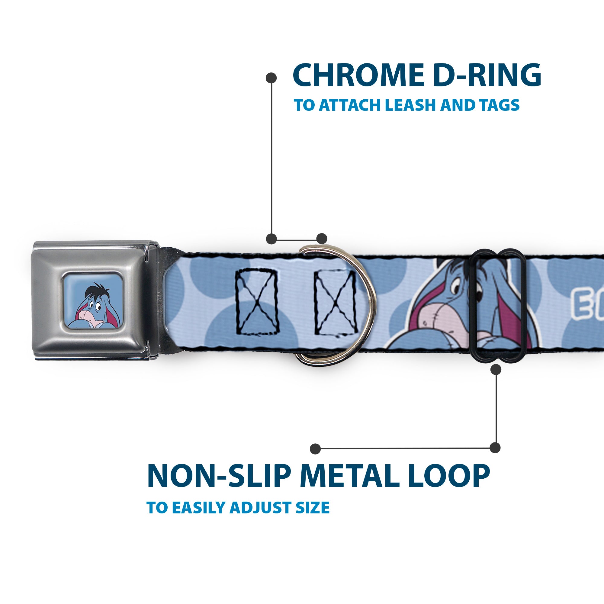 Winnie the Pooh Eeyore Expression Close-Up Blue Seatbelt Buckle Collar - Winnie the Pooh Eeyore Text and Expression Close-Up Dot Blues Seatbelt Buckle Collars Disney