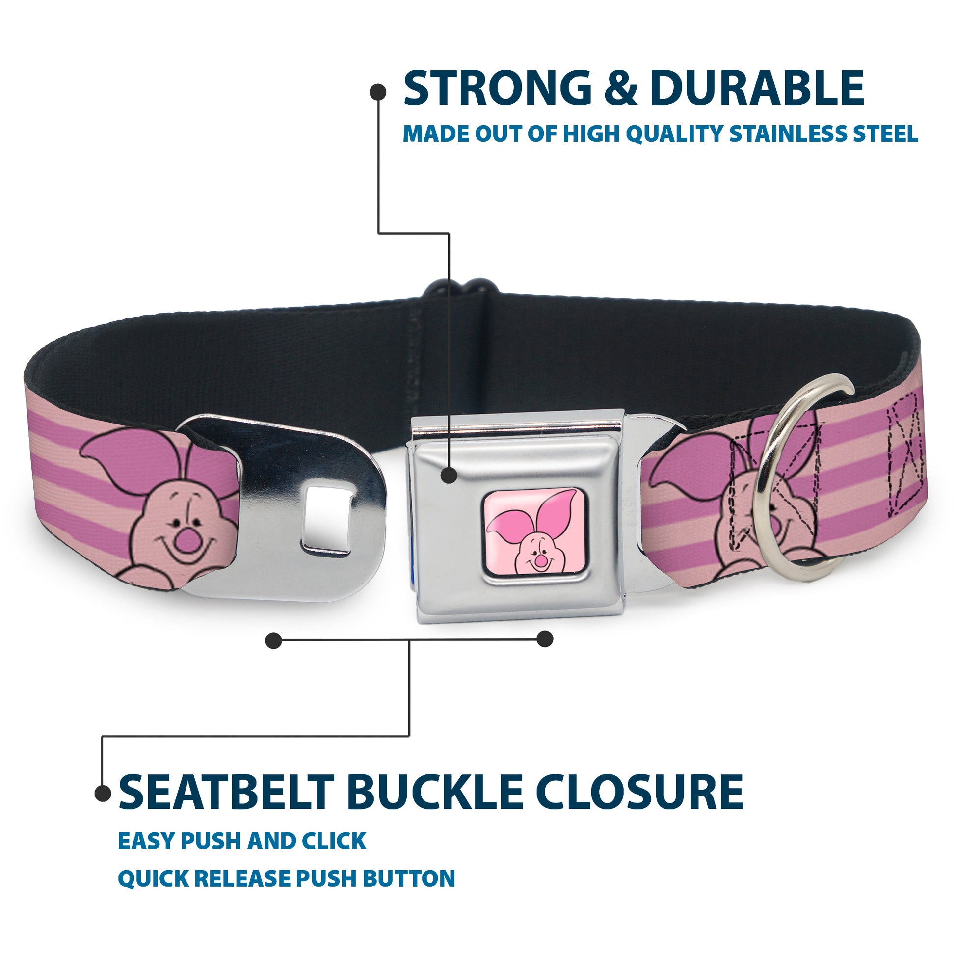 Winnie the Pooh Piglet Expression Close-Up Pink Seatbelt Buckle Collar - Winnie the Pooh Piglet Expression Close-Up Stripe Pinks Seatbelt Buckle Collars Disney