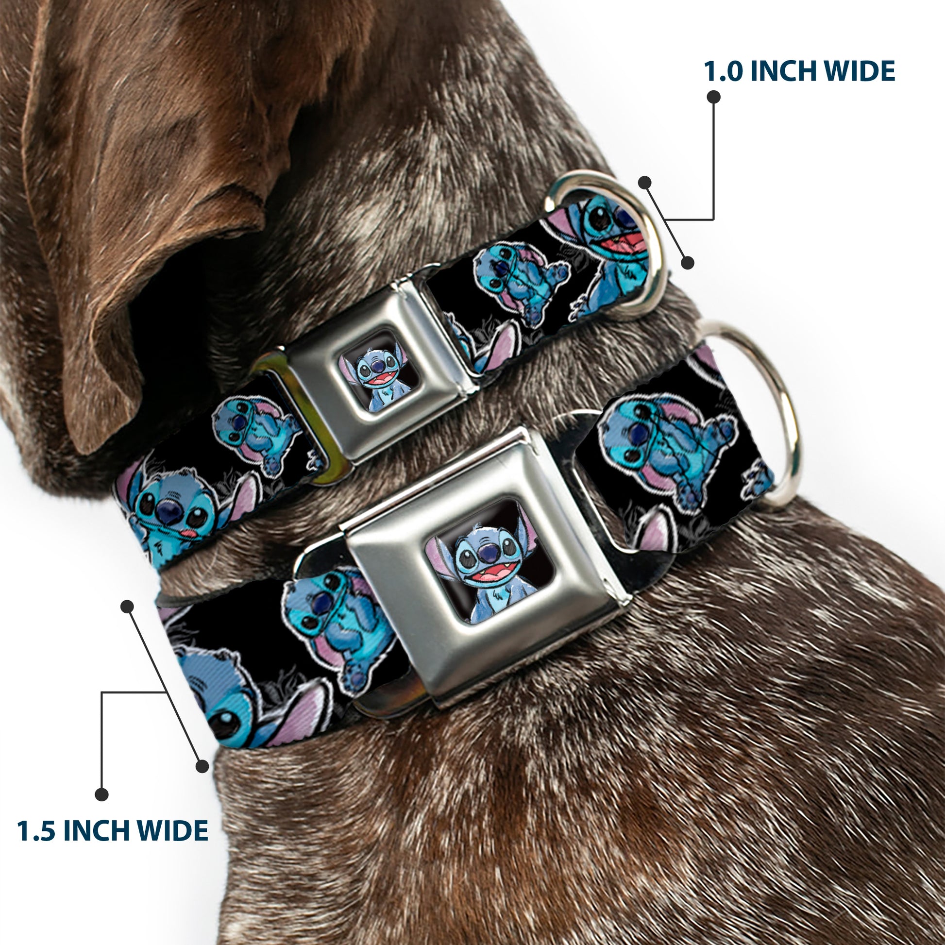 Stitch Face Sketch CLOSE-UP Full Color Black Seatbelt Buckle Collar - Stitch Poses/Hibiscus Sketch Black/Gray/Blue Seatbelt Buckle Collars Disney