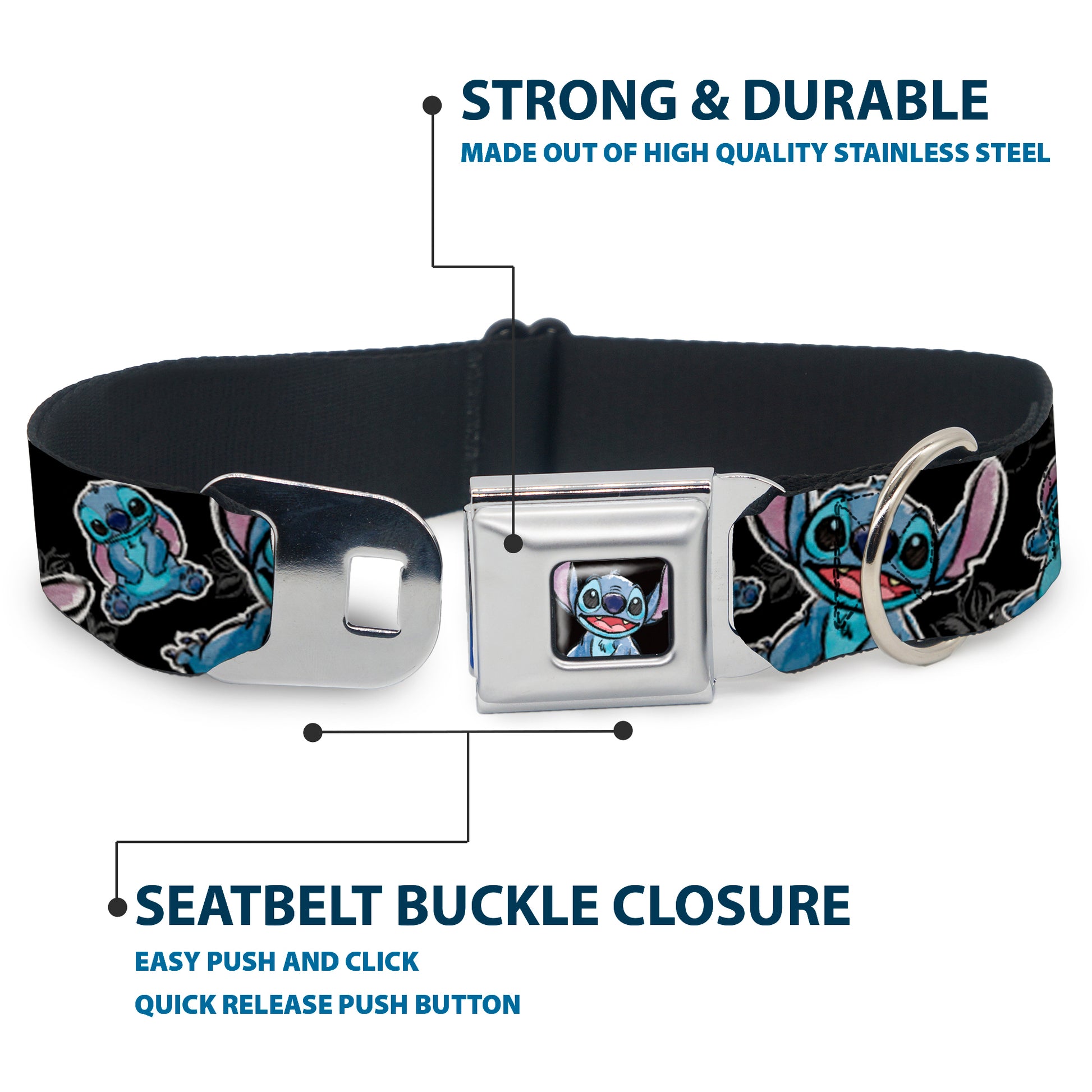 Stitch Face Sketch CLOSE-UP Full Color Black Seatbelt Buckle Collar - Stitch Poses/Hibiscus Sketch Black/Gray/Blue Seatbelt Buckle Collars Disney