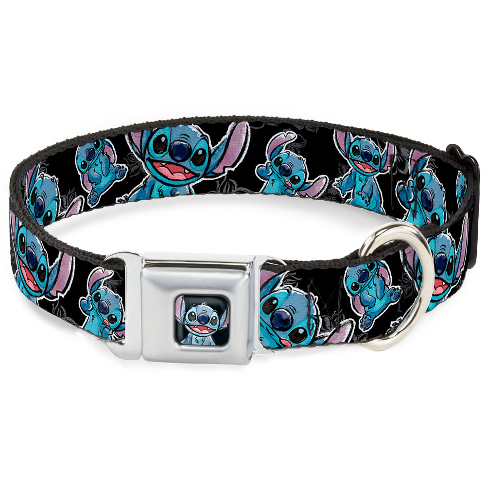 Stitch Face Sketch CLOSE-UP Full Color Black Seatbelt Buckle Collar - Stitch Poses/Hibiscus Sketch Black/Gray/Blue Seatbelt Buckle Collars Disney