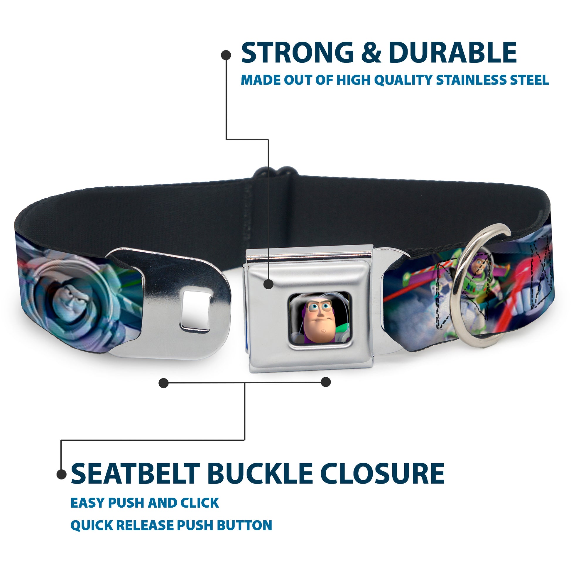Buzz Lightyear Pose2 Full Color Black Seatbelt Buckle Collar - Buzz Lightyear Action Poses Stacked Seatbelt Buckle Collars Disney