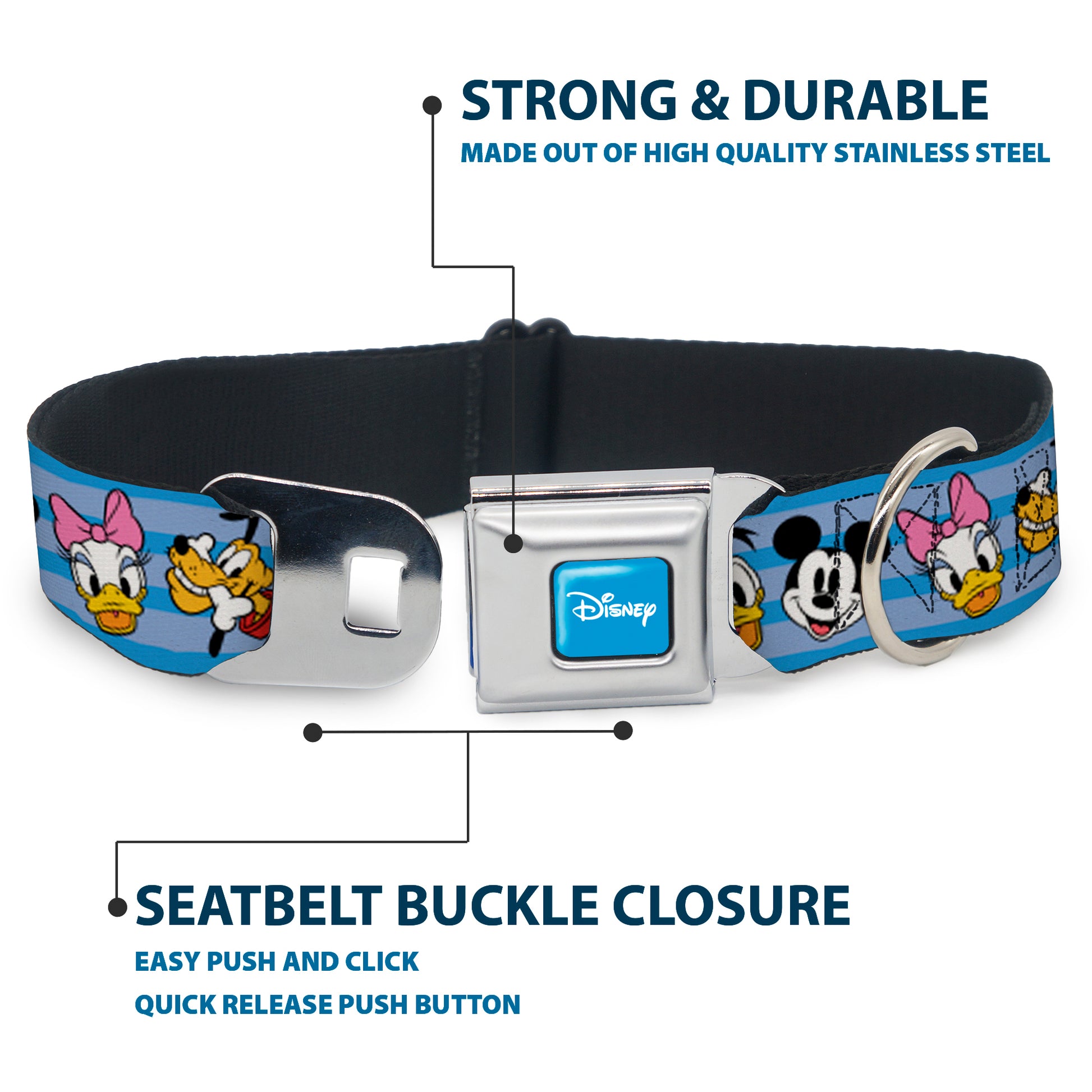 DISNEY Signature Full Color Blue/White Seatbelt Buckle Collar - Disney The Sensational Six Smiling Faces Stripe Blues Seatbelt Buckle Collars Disney