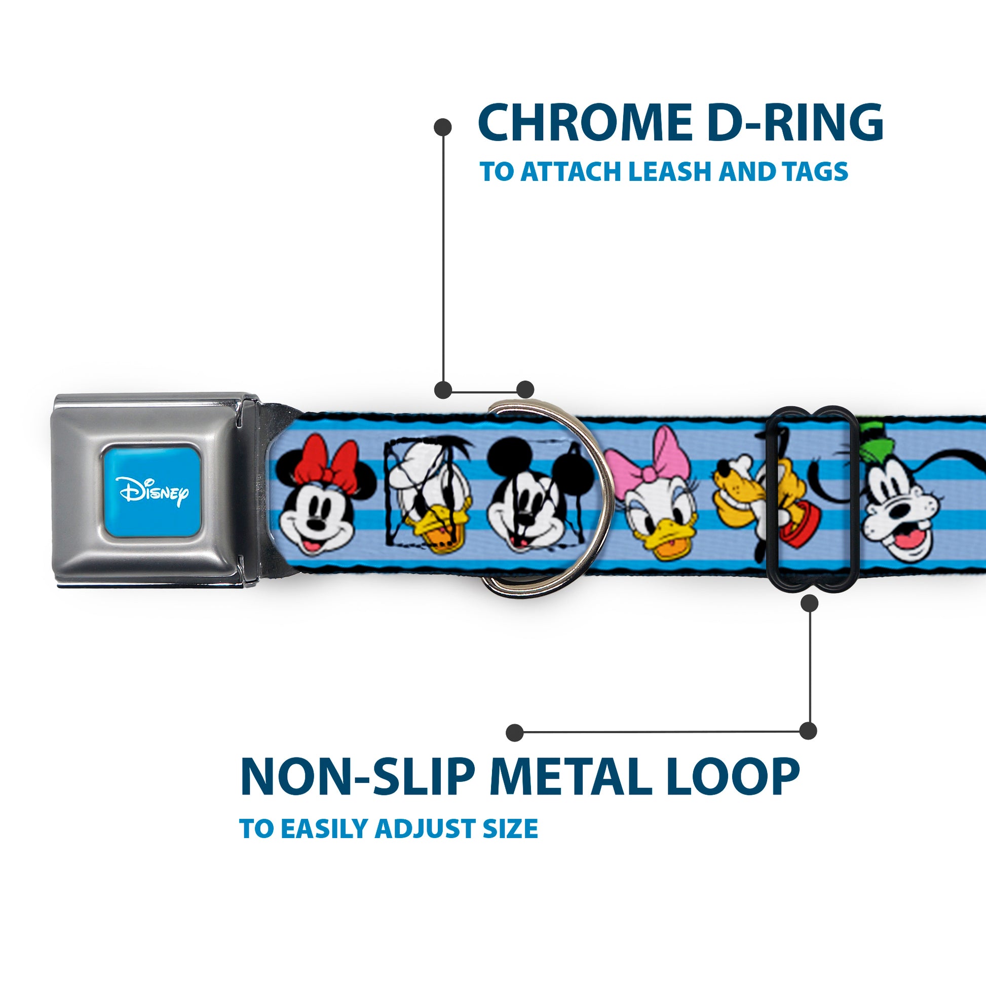 DISNEY Signature Full Color Blue/White Seatbelt Buckle Collar - Disney The Sensational Six Smiling Faces Stripe Blues Seatbelt Buckle Collars Disney