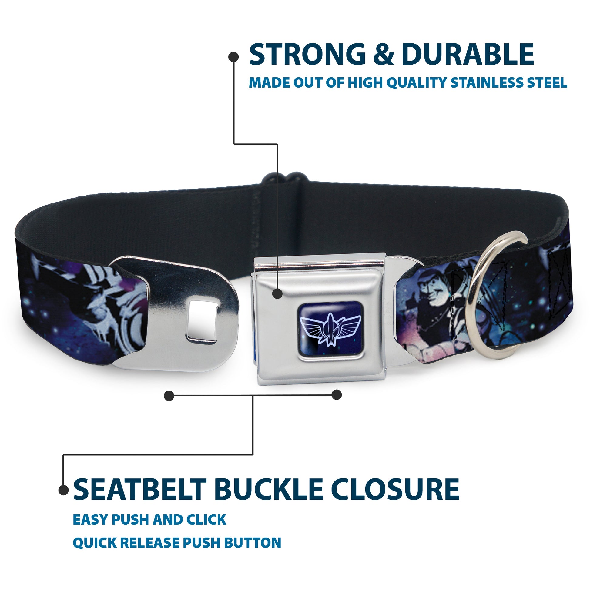 Space Ranger Logo Outline Full Color Blue/White Seatbelt Buckle Collar - Buzz Lightyear Poses Galaxy Blues Seatbelt Buckle Collars Disney