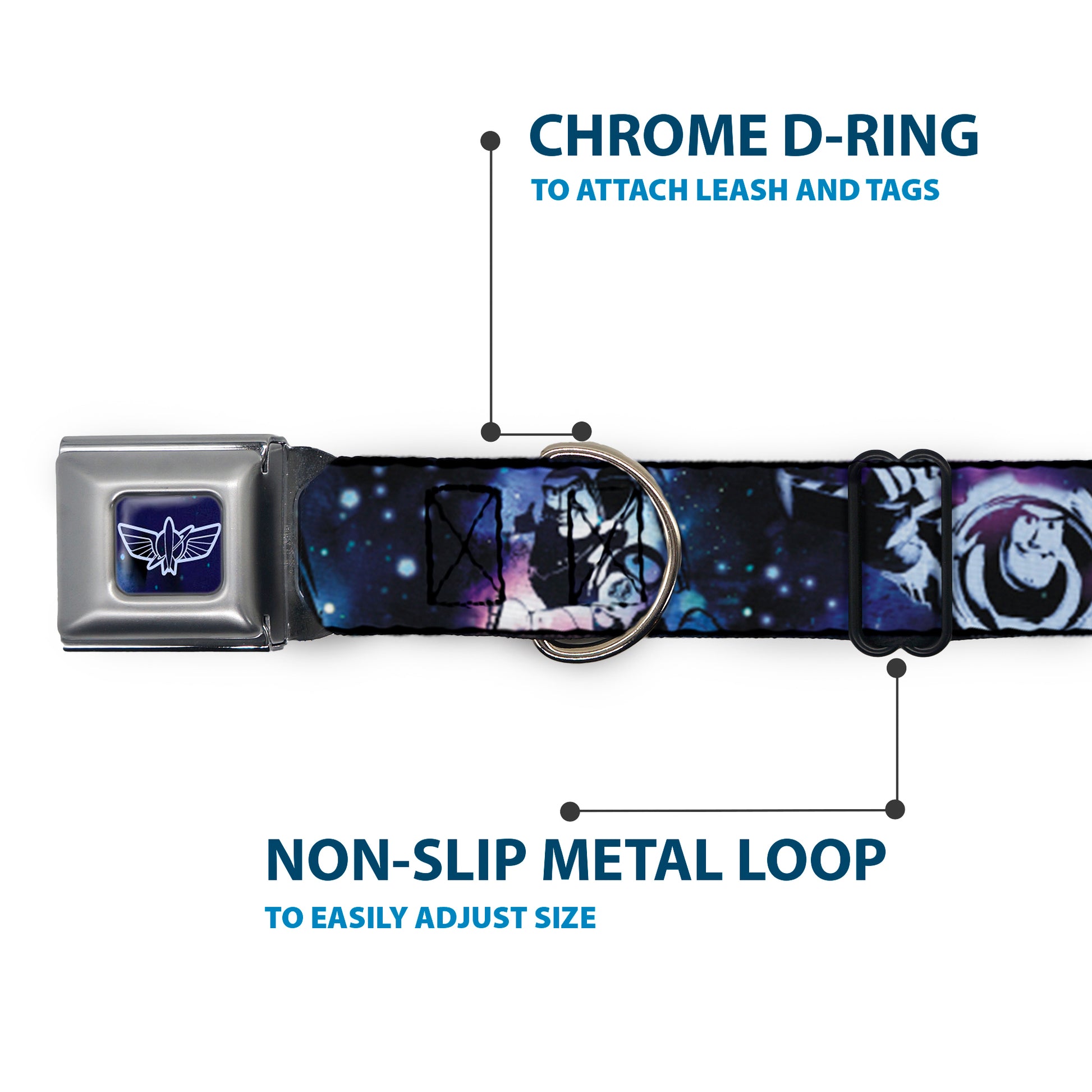 Space Ranger Logo Outline Full Color Blue/White Seatbelt Buckle Collar - Buzz Lightyear Poses Galaxy Blues Seatbelt Buckle Collars Disney