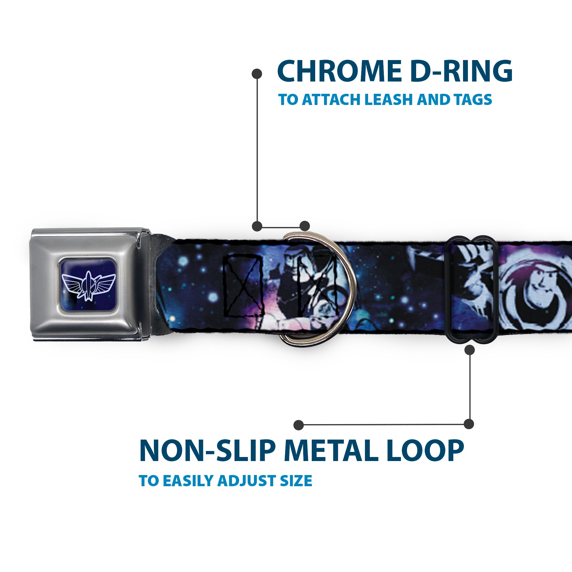 Space Ranger Logo Outline Full Color Blue/White Seatbelt Buckle Collar - Buzz Lightyear Poses Galaxy Blues Seatbelt Buckle Collars Disney