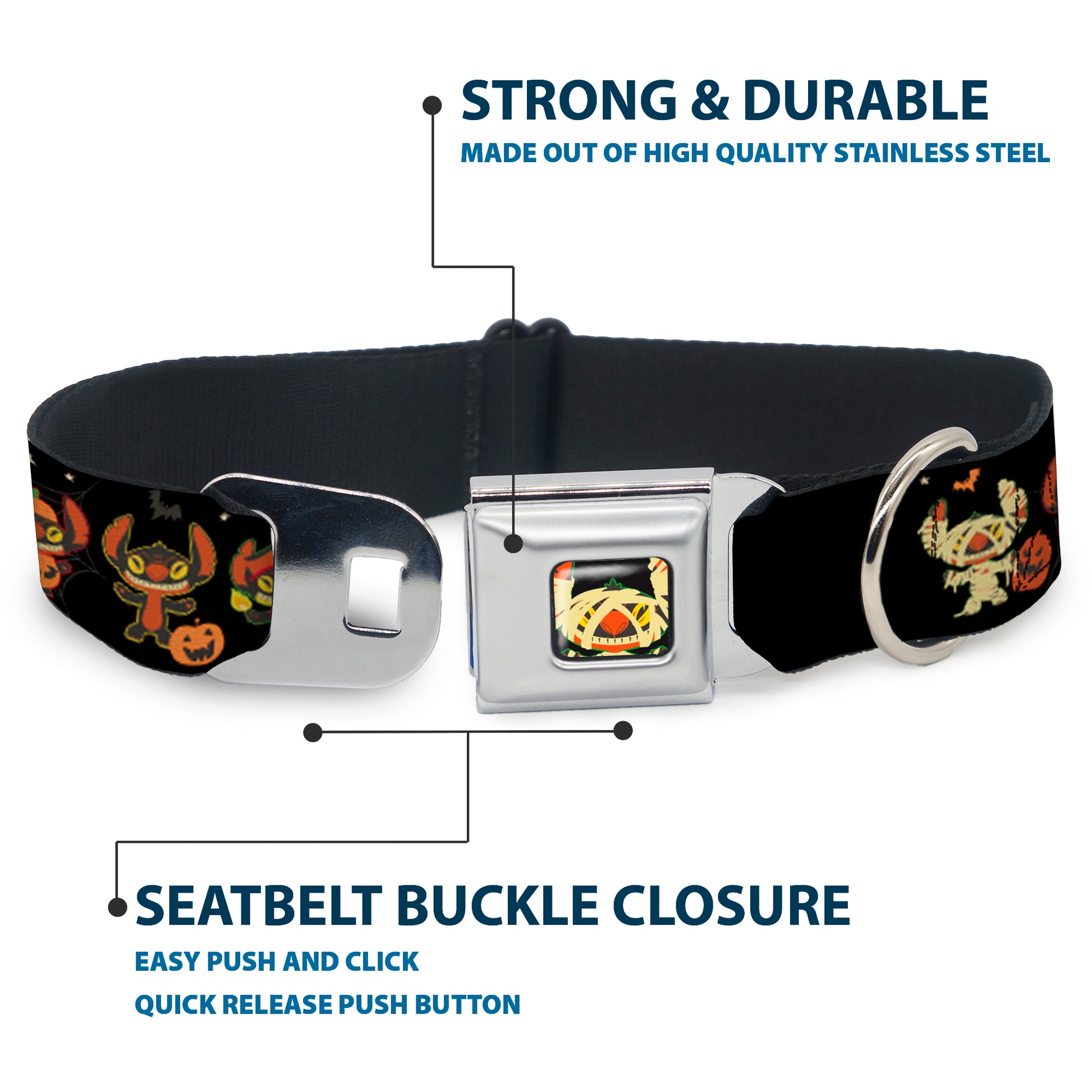 Lilo and Stitch Holiday Halloween Stitch Mummy Face Full Color Black Seatbelt Buckle Collar - Lilo and Stitch Halloween Stitch Dress Up Poses Black Seatbelt Buckle Collars Disney