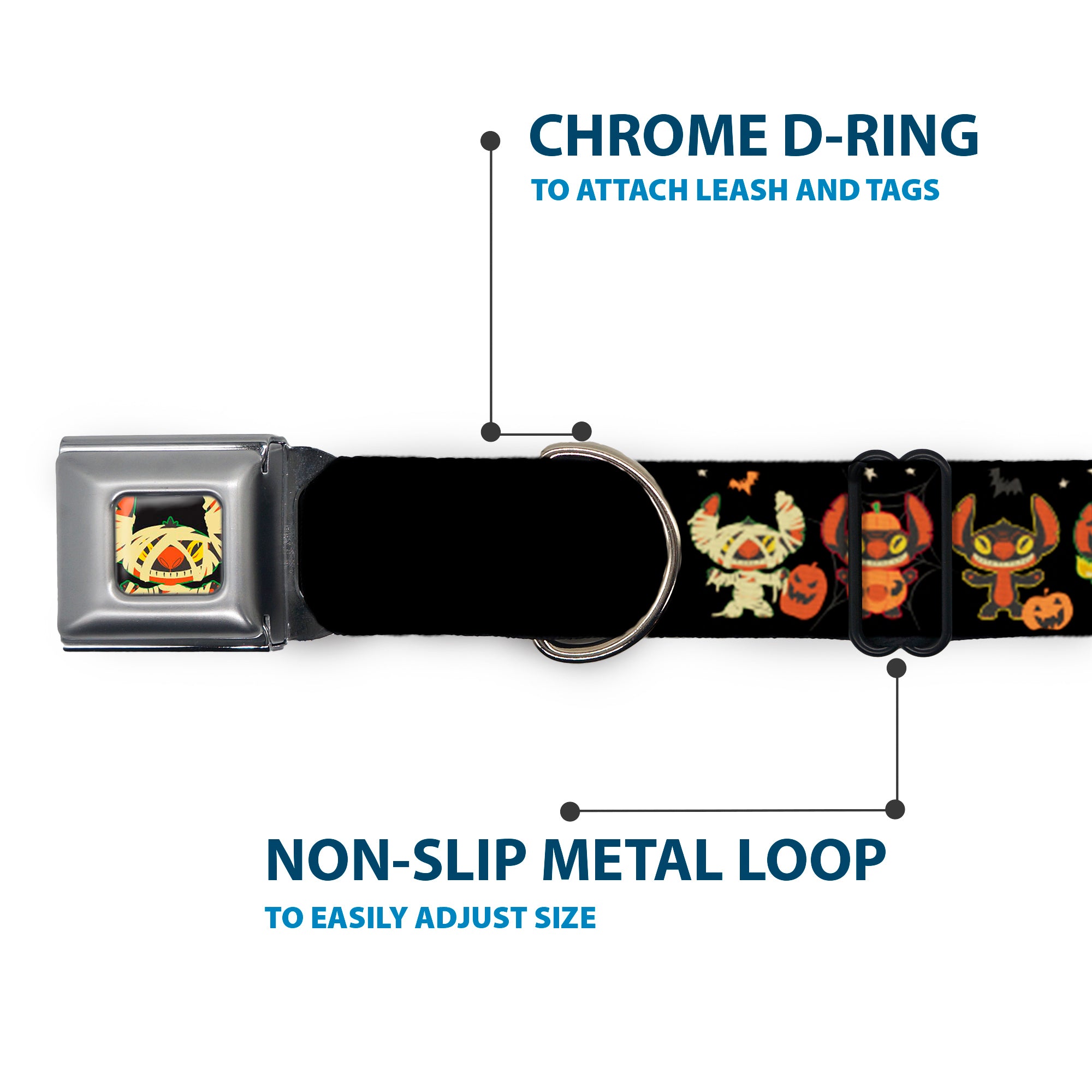 Lilo and Stitch Holiday Halloween Stitch Mummy Face Full Color Black Seatbelt Buckle Collar - Lilo and Stitch Halloween Stitch Dress Up Poses Black Seatbelt Buckle Collars Disney