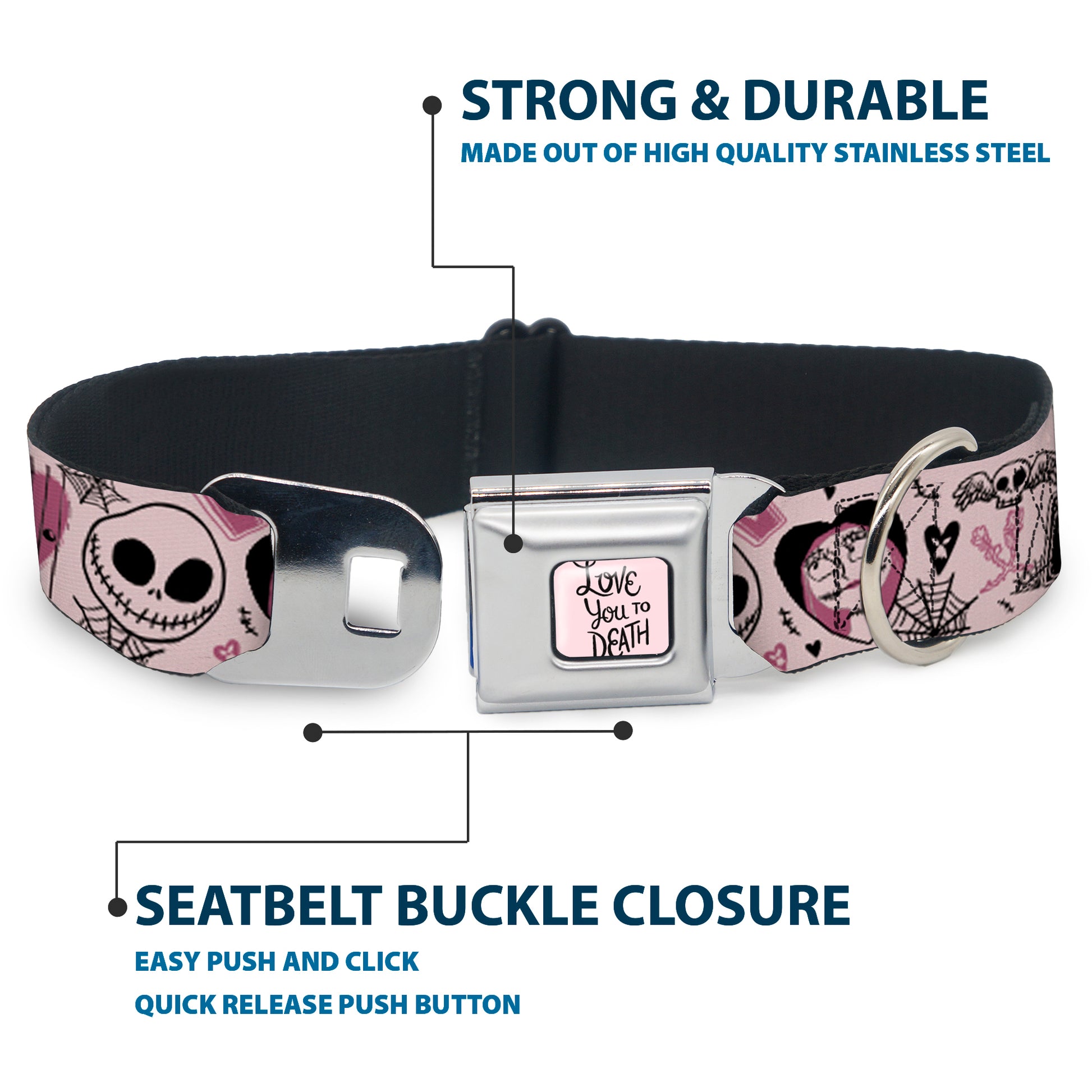 The Nightmare Before Christmas LOVE YOU TO DEATH Full Color Pink/Black Seatbelt Buckle Collar - The Nightmare Before Christmas Jack and Sally Doodles Pinks/Black Seatbelt Buckle Collars Disney