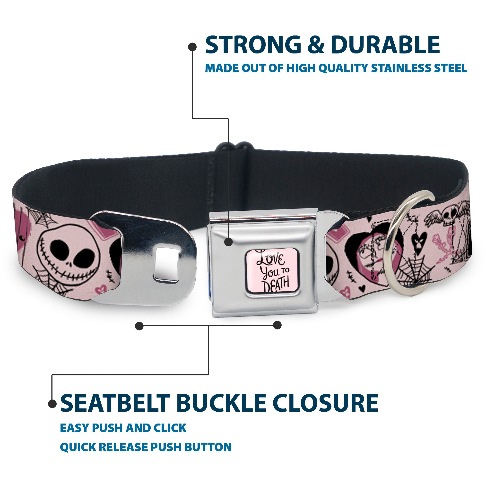The Nightmare Before Christmas LOVE YOU TO DEATH Full Color Pink/Black Seatbelt Buckle Collar - The Nightmare Before Christmas Jack and Sally Doodles Pinks/Black Seatbelt Buckle Collars Disney