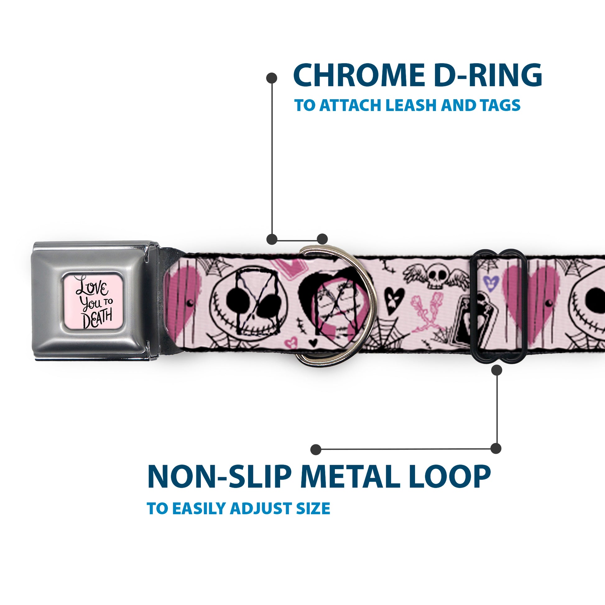 The Nightmare Before Christmas LOVE YOU TO DEATH Full Color Pink/Black Seatbelt Buckle Collar - The Nightmare Before Christmas Jack and Sally Doodles Pinks/Black Seatbelt Buckle Collars Disney