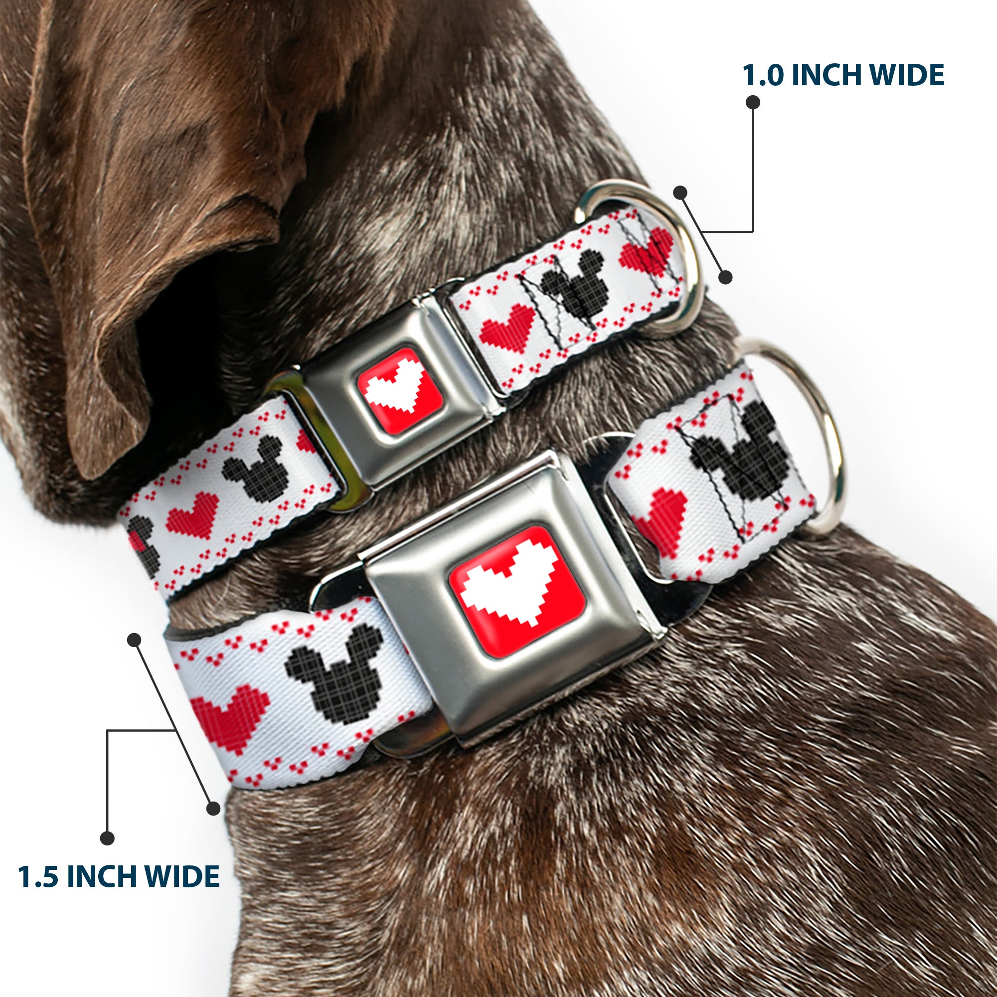 Disney Holiday Mickey and Minnie Mouse Heart Sweater Stitch Full Color Reds Seatbelt Buckle Collar - Disney Holiday Mickey and Minnie Mouse Heart Sweater Stitch White/Red/Black Seatbelt Buckle Collars Disney