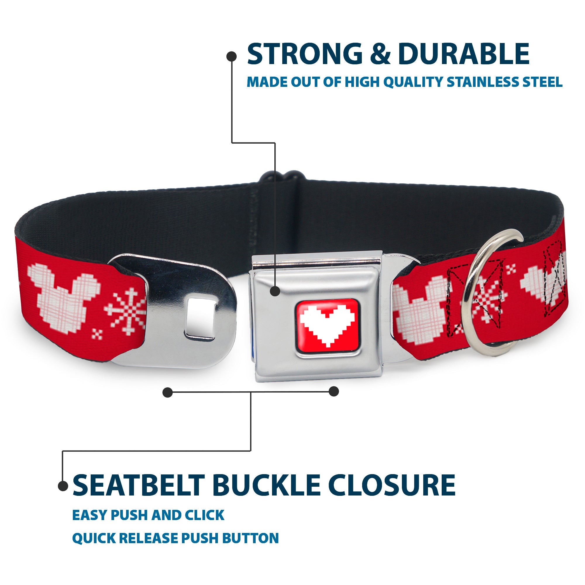 Disney Holiday Mickey Mouse Heart Sweater Stitch Full Color Red/White Seatbelt Buckle Collar - Disney Holiday Mickey Mouse Heart Sweater Stitch Red/White Seatbelt Buckle Collars Disney