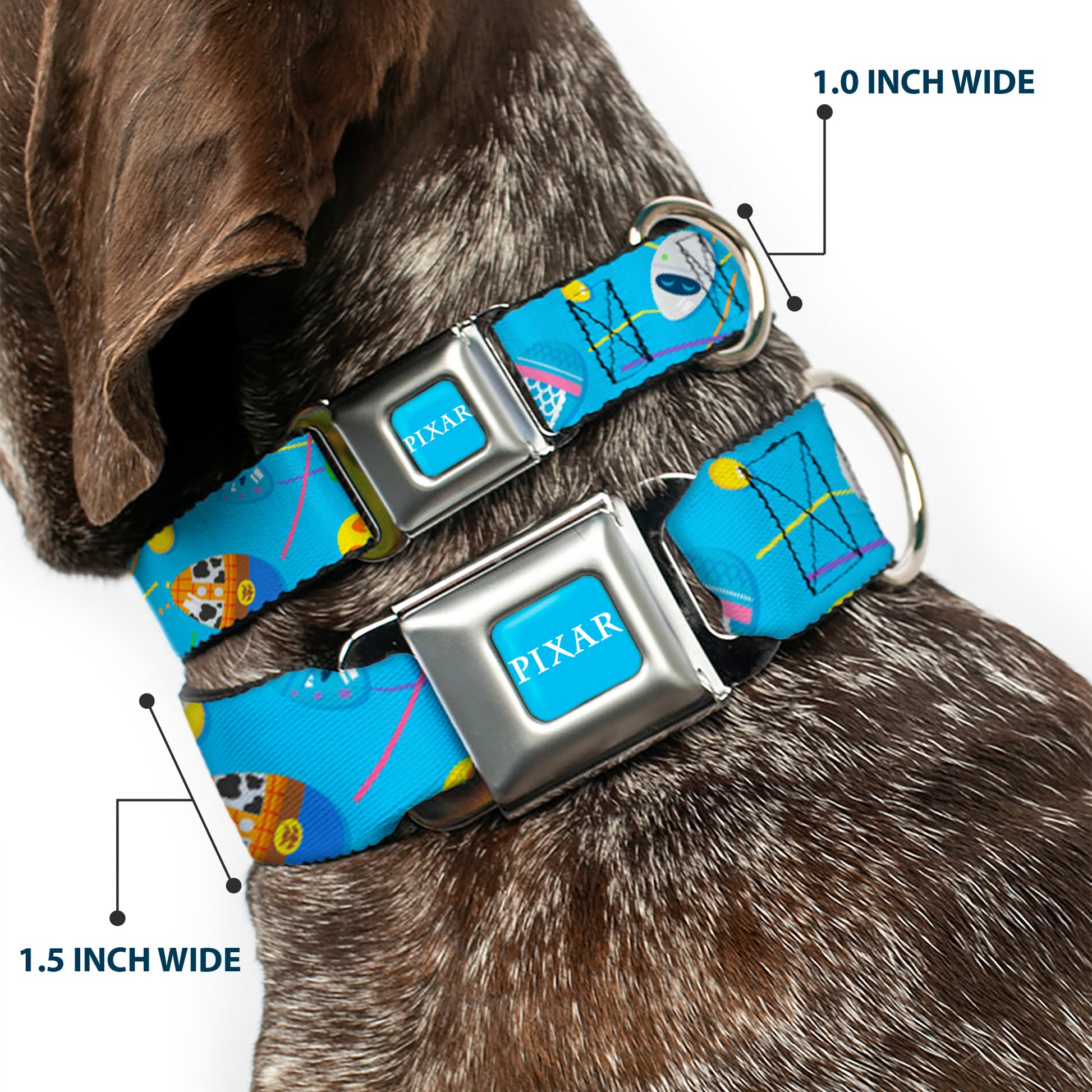 PIXAR Title Logo Full Color Blue/White Seatbelt Buckle Collar - Pixar Holiday Collection Easter Egg Characters Scattered Blue Seatbelt Buckle Collars Disney