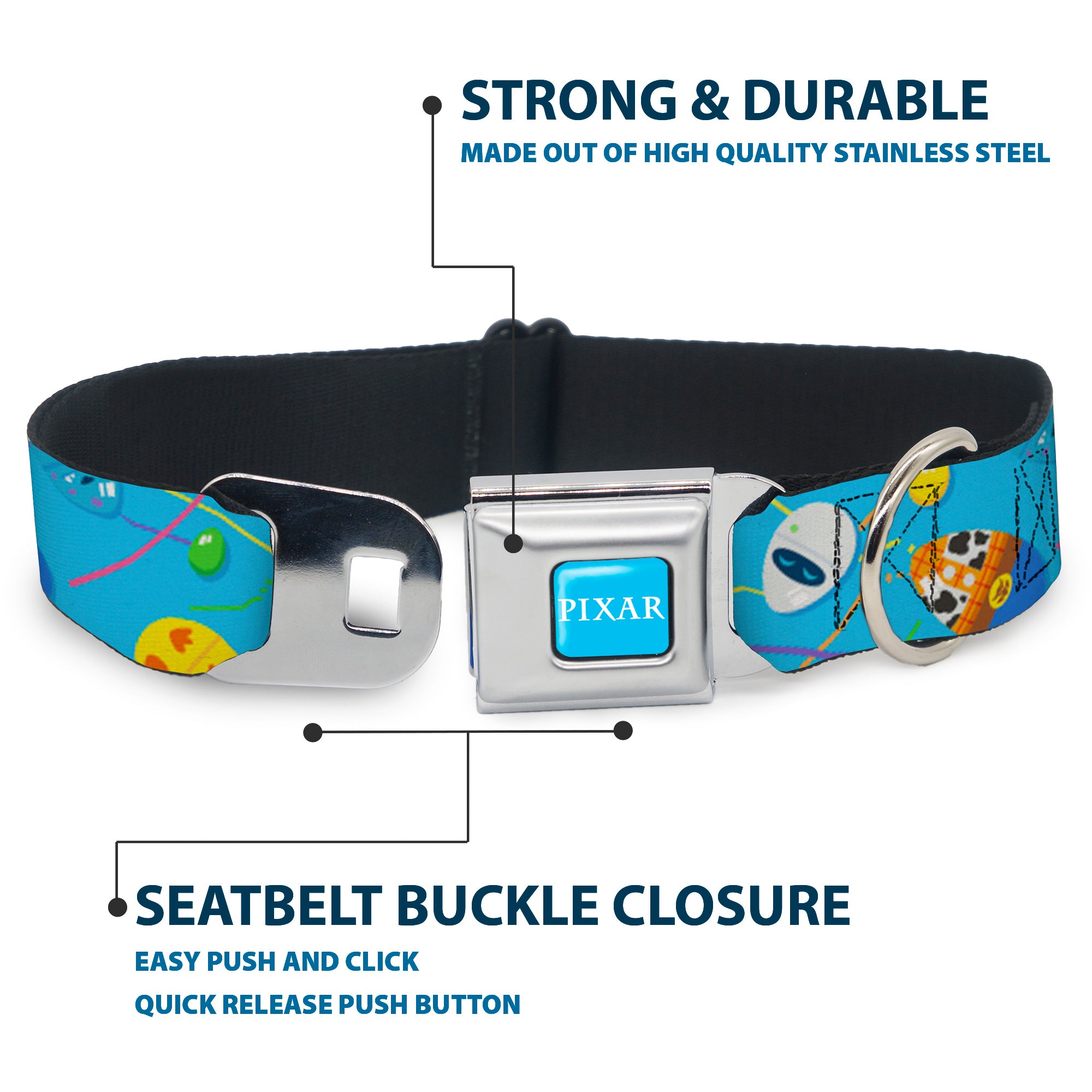 PIXAR Title Logo Full Color Blue/White Seatbelt Buckle Collar - Pixar Holiday Collection Easter Egg Characters Scattered Blue Seatbelt Buckle Collars Disney