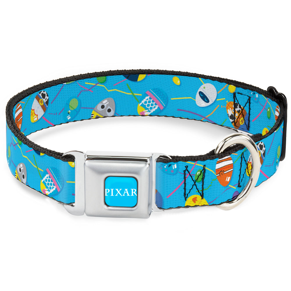 PIXAR Title Logo Full Color Blue/White Seatbelt Buckle Collar - Pixar Holiday Collection Easter Egg Characters Scattered Blue Seatbelt Buckle Collars Disney