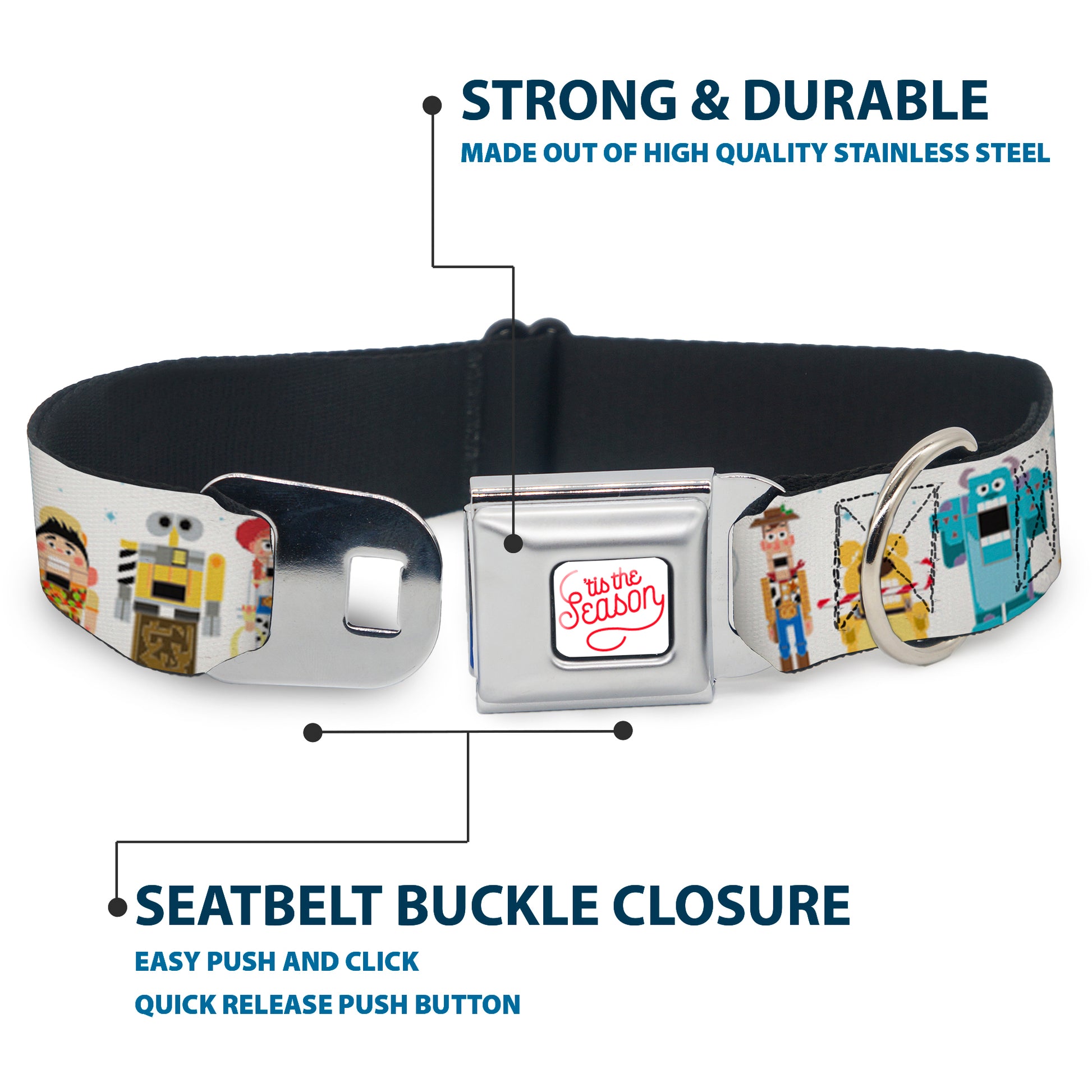 Pixar TIS THE SEASON Script Full Color White/Red Seatbelt Buckle Collar - Pixar Holiday Collection Nutcracker Characters Lineup/Stars White/Blues Seatbelt Buckle Collars Disney