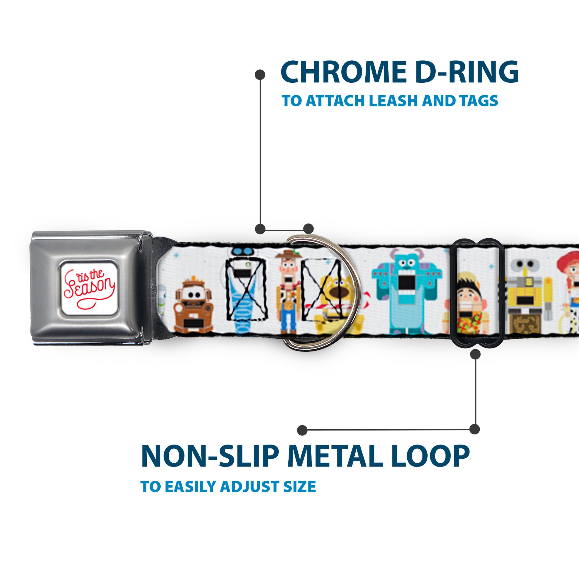 Pixar TIS THE SEASON Script Full Color White/Red Seatbelt Buckle Collar - Pixar Holiday Collection Nutcracker Characters Lineup/Stars White/Blues Seatbelt Buckle Collars Disney