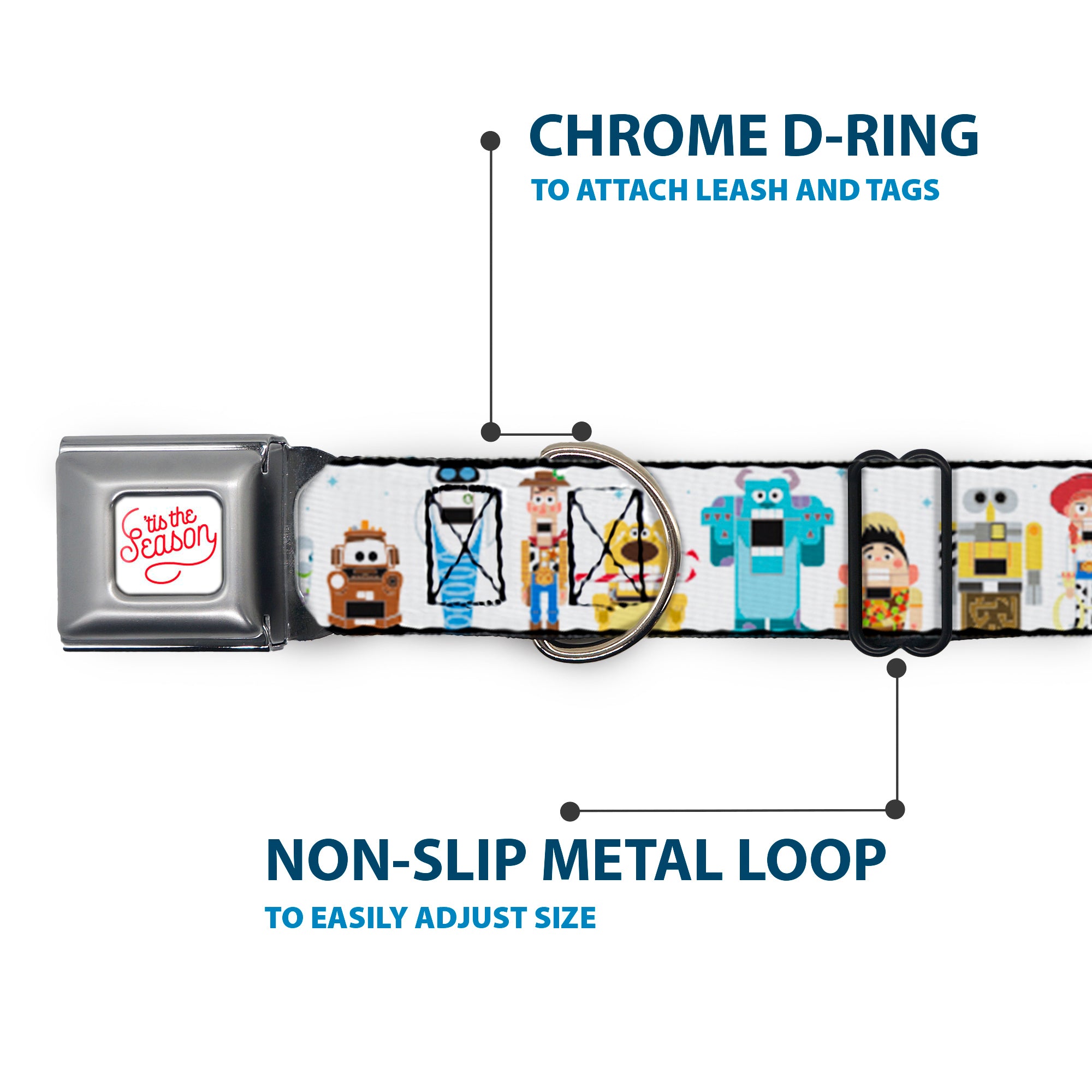 Pixar TIS THE SEASON Script Full Color White/Red Seatbelt Buckle Collar - Pixar Holiday Collection Nutcracker Characters Lineup/Stars White/Blues Seatbelt Buckle Collars Disney