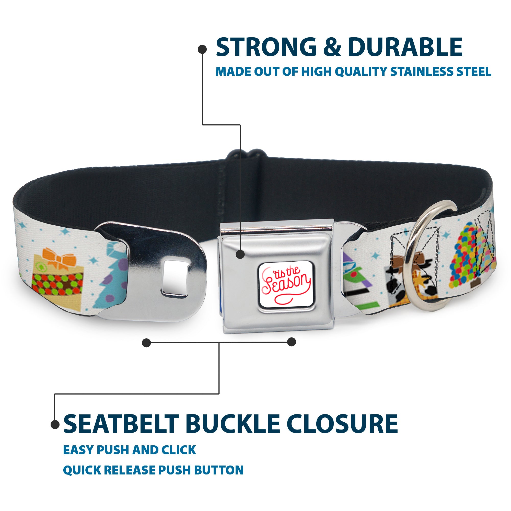 Pixar TIS THE SEASON Script Full Color White/Red Seatbelt Buckle Collar - Pixar Holiday Collection Character Gifts Lineup/Stars White/Blues Seatbelt Buckle Collars Disney