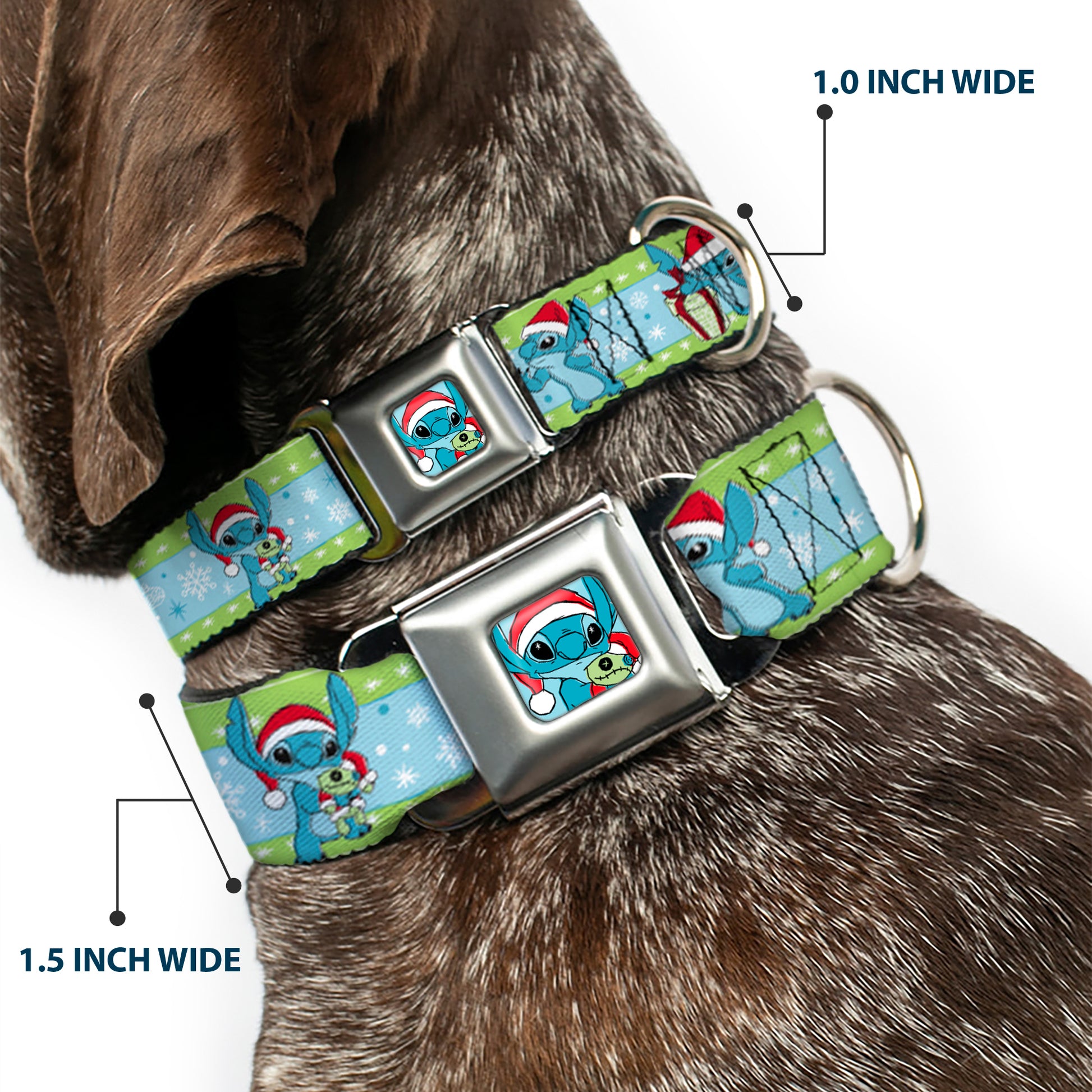 Lilo and Stitch Holiday Stitch and Scrump Pose Full Color Blue Seatbelt Buckle Collar - Lilo and Stitch Holiday Stitch and Scrump Poses Stripe Green/Blue Seatbelt Buckle Collars Disney