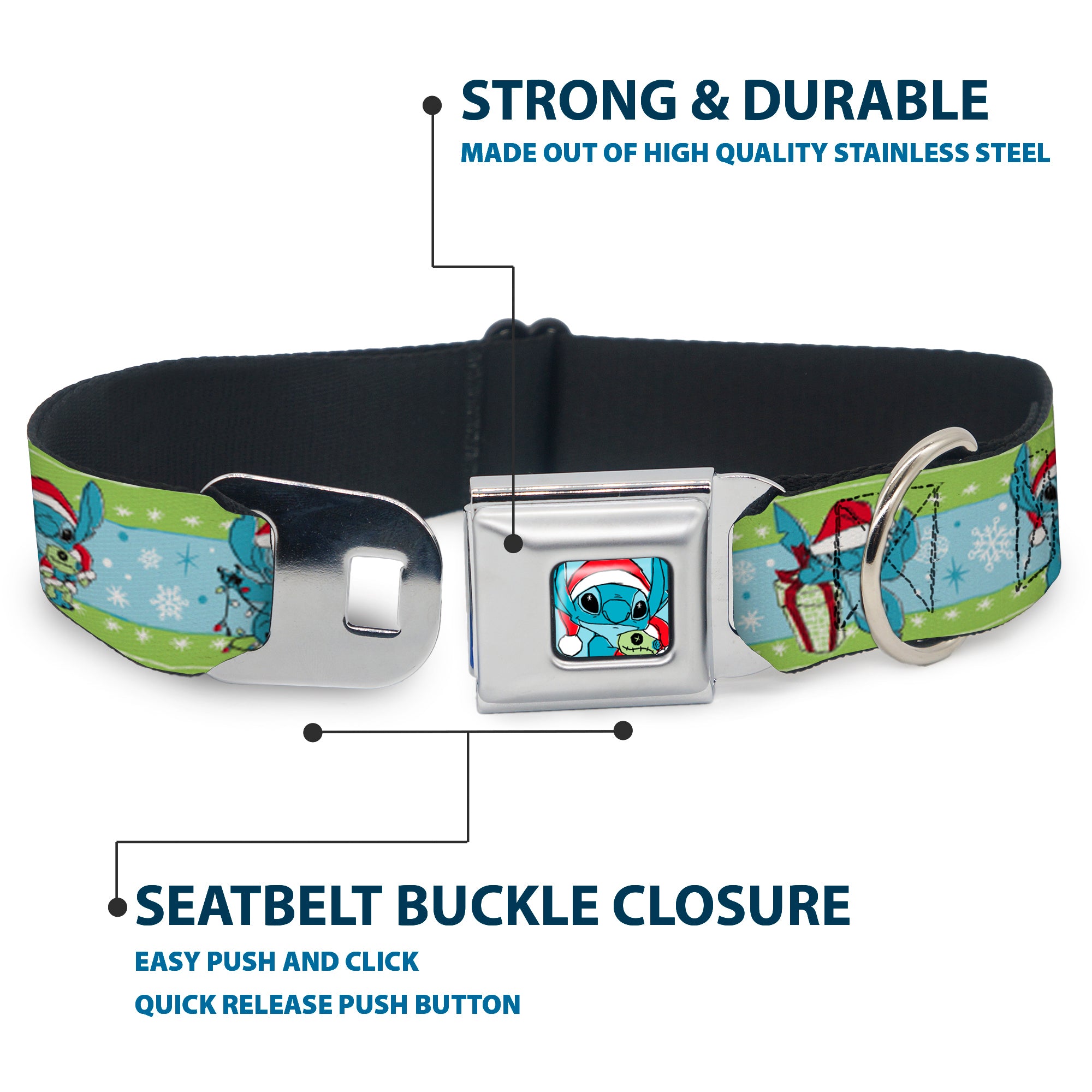 Lilo and Stitch Holiday Stitch and Scrump Pose Full Color Blue Seatbelt Buckle Collar - Lilo and Stitch Holiday Stitch and Scrump Poses Stripe Green/Blue Seatbelt Buckle Collars Disney