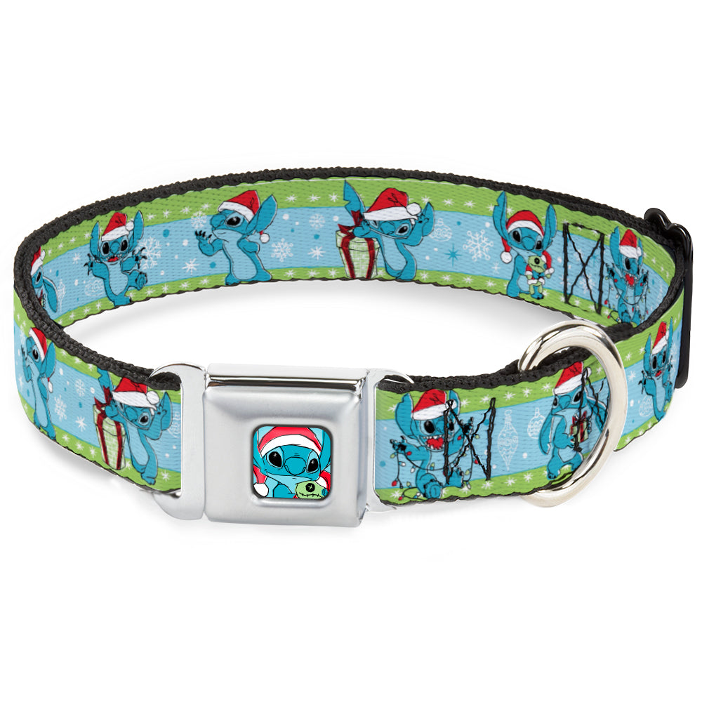Lilo and Stitch Holiday Stitch and Scrump Pose Full Color Blue Seatbelt Buckle Collar - Lilo and Stitch Holiday Stitch and Scrump Poses Stripe Green/Blue Seatbelt Buckle Collars Disney
