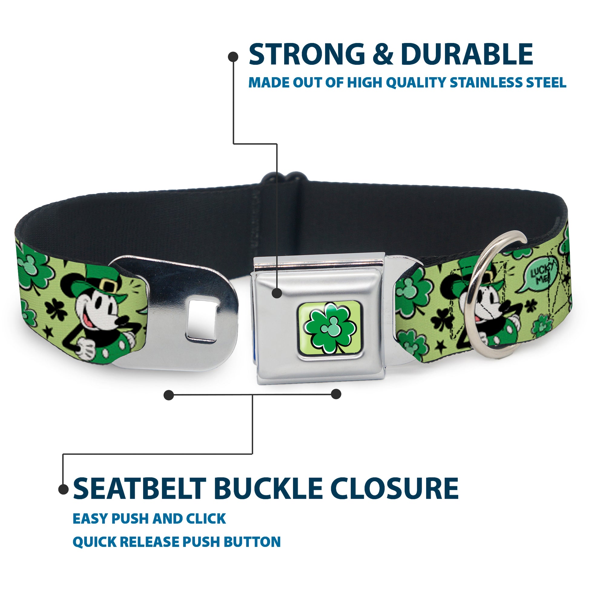 Mickey Mouse St. Patrick's Day Shamrock Full Color Greens Seatbelt Buckle Collar - Mickey Mouse St. Patrick's Day LUCKY ME Leprechaun Pose and Shamrocks Greens Seatbelt Buckle Collars Disney