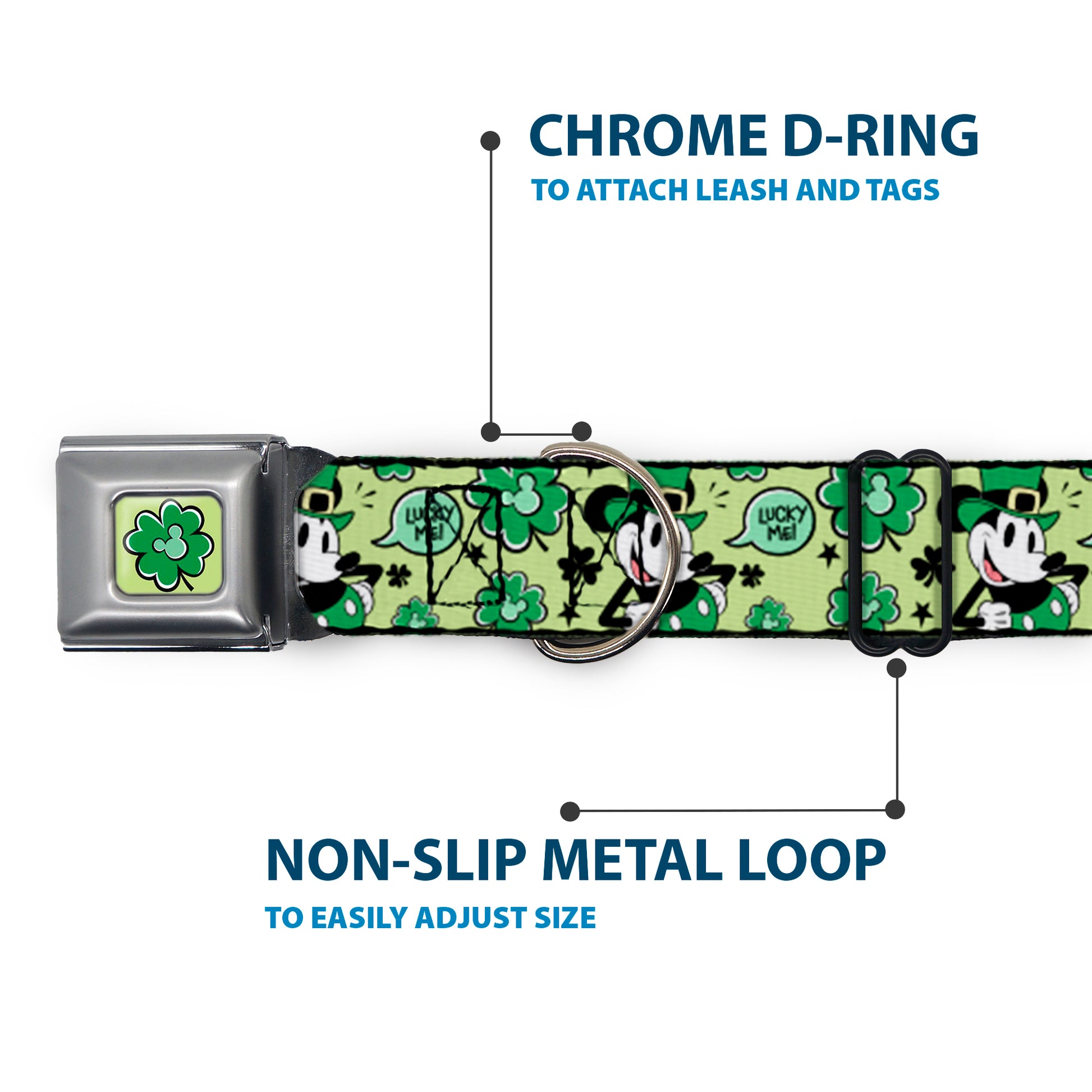 Mickey Mouse St. Patrick's Day Shamrock Full Color Greens Seatbelt Buckle Collar - Mickey Mouse St. Patrick's Day LUCKY ME Leprechaun Pose and Shamrocks Greens Seatbelt Buckle Collars Disney