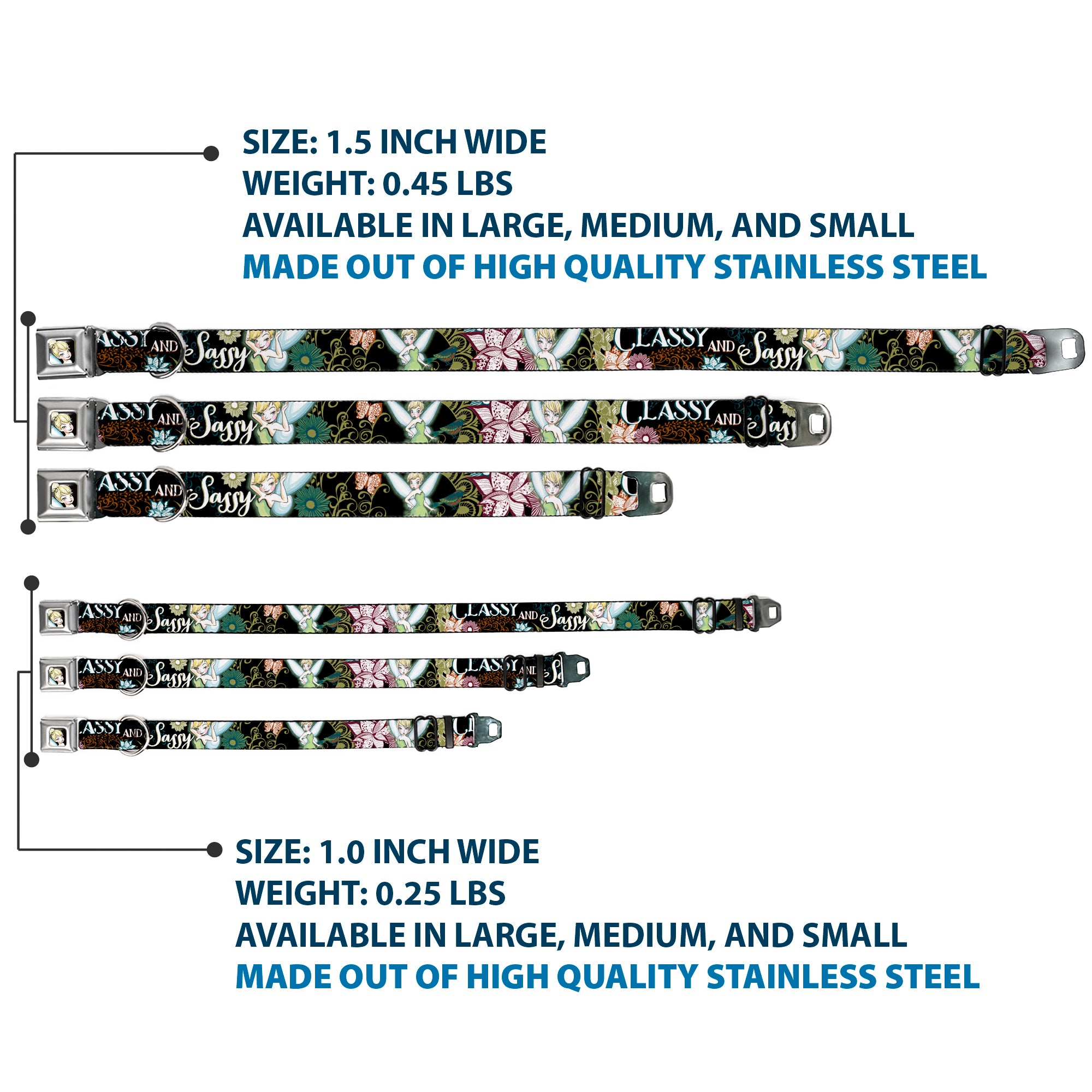 Tinker Bell Sketch Full Color Black Seatbelt Buckle Collar - Tinker Bell Floral Collage CLASSY AND SASSY Seatbelt Buckle Collars Disney