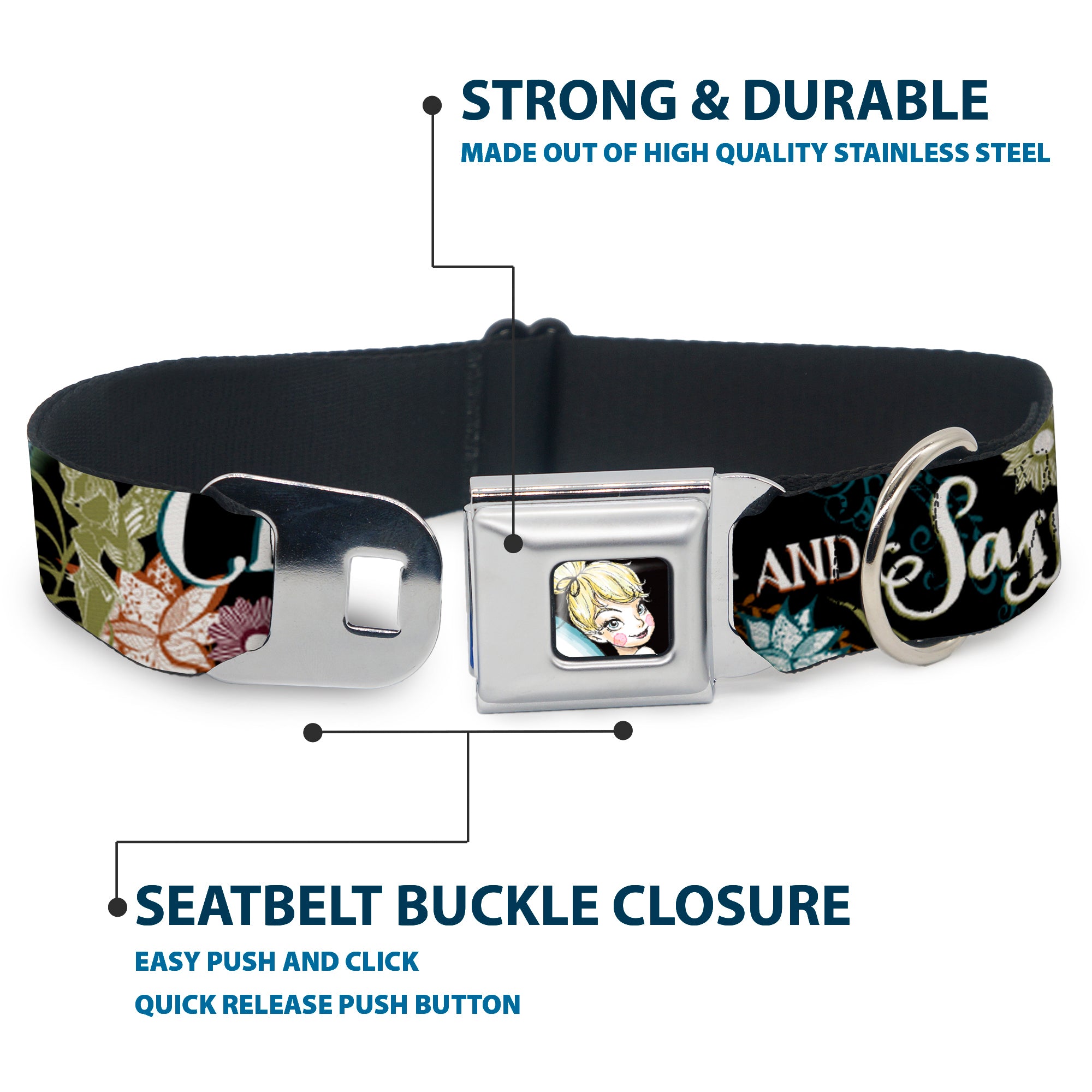 Tinker Bell Sketch Full Color Black Seatbelt Buckle Collar - Tinker Bell Floral Collage CLASSY AND SASSY Seatbelt Buckle Collars Disney