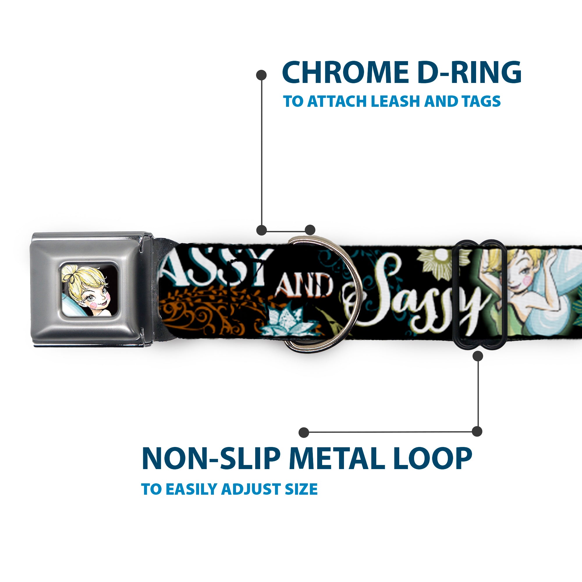 Tinker Bell Sketch Full Color Black Seatbelt Buckle Collar - Tinker Bell Floral Collage CLASSY AND SASSY Seatbelt Buckle Collars Disney