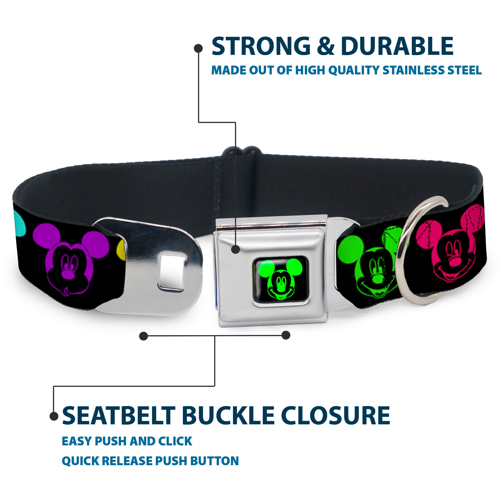 Mickey Mouse Expression2 Full Color Black Neon Green Seatbelt Buckle Collar - Mickey Expressions Black/Multi Neon Seatbelt Buckle Collars Disney