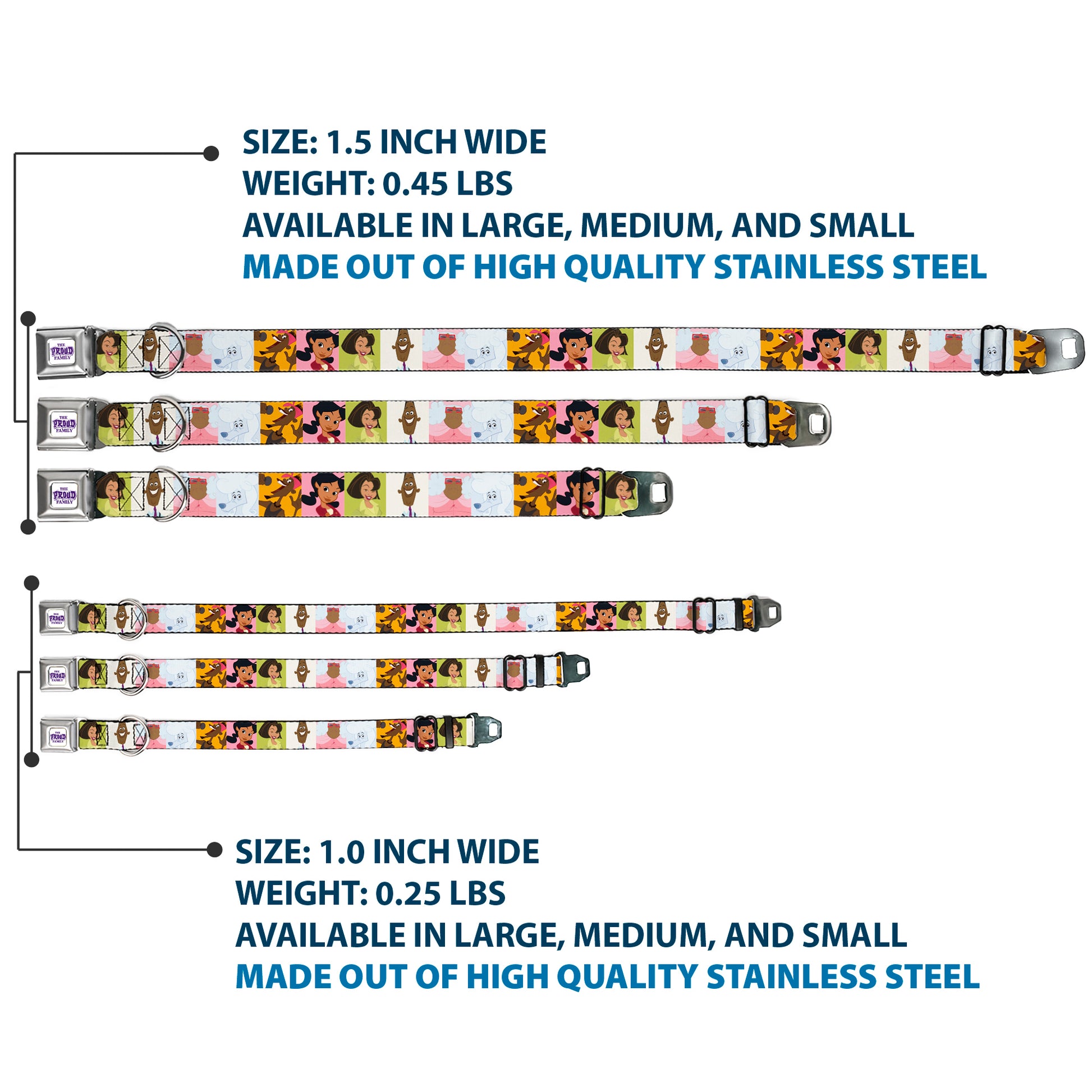 THE PROUD FAMILY Title Logo Full Color White/Purple Seatbelt Buckle Collar - The Proud Family 6-Character Block Poses Seatbelt Buckle Collars Disney