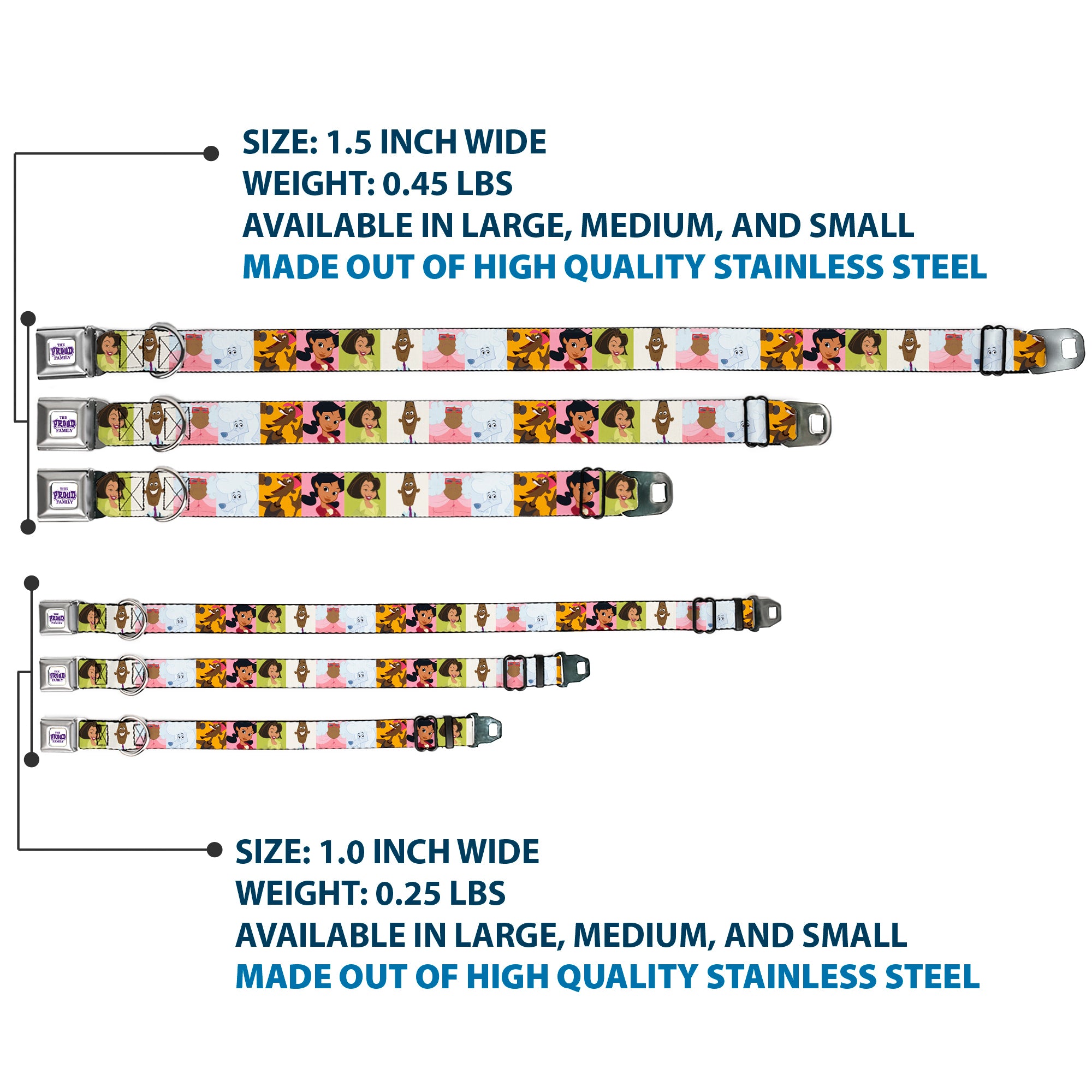 THE PROUD FAMILY Title Logo Full Color White/Purple Seatbelt Buckle Collar - The Proud Family 6-Character Block Poses Seatbelt Buckle Collars Disney