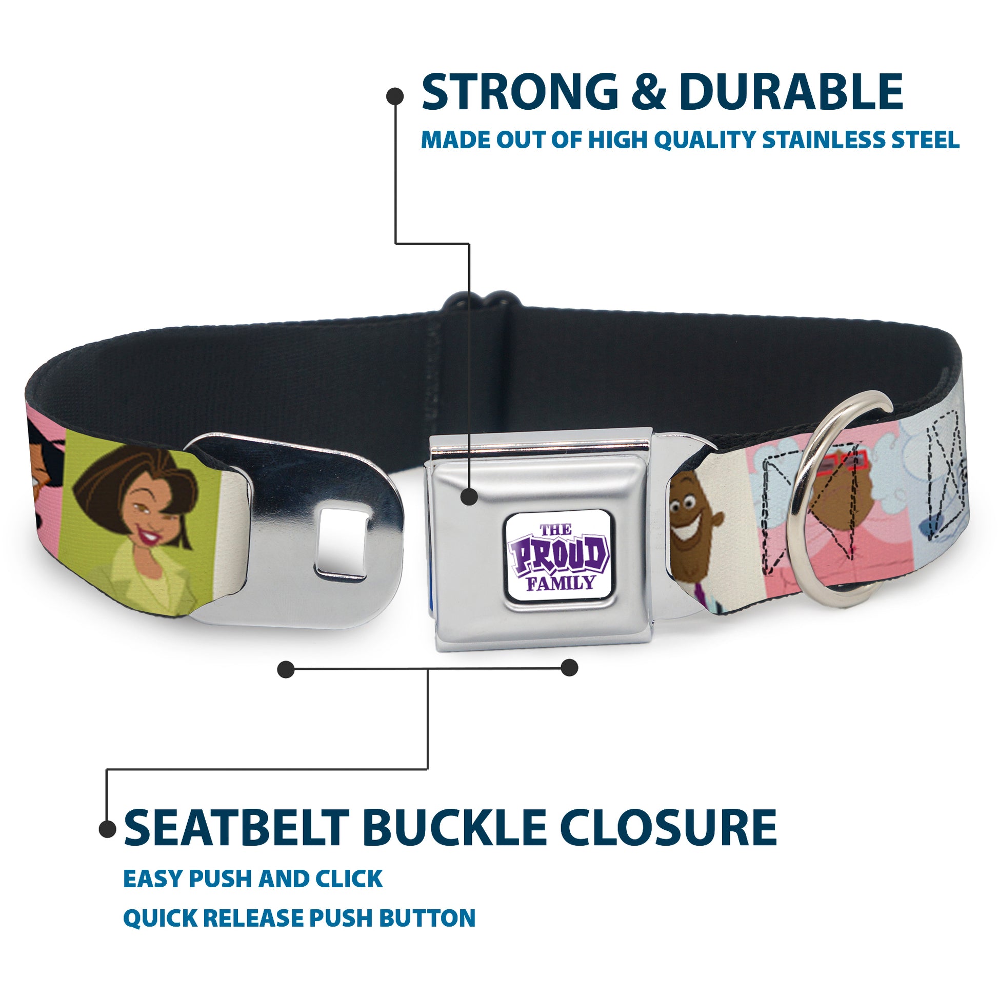 THE PROUD FAMILY Title Logo Full Color White/Purple Seatbelt Buckle Collar - The Proud Family 6-Character Block Poses Seatbelt Buckle Collars Disney