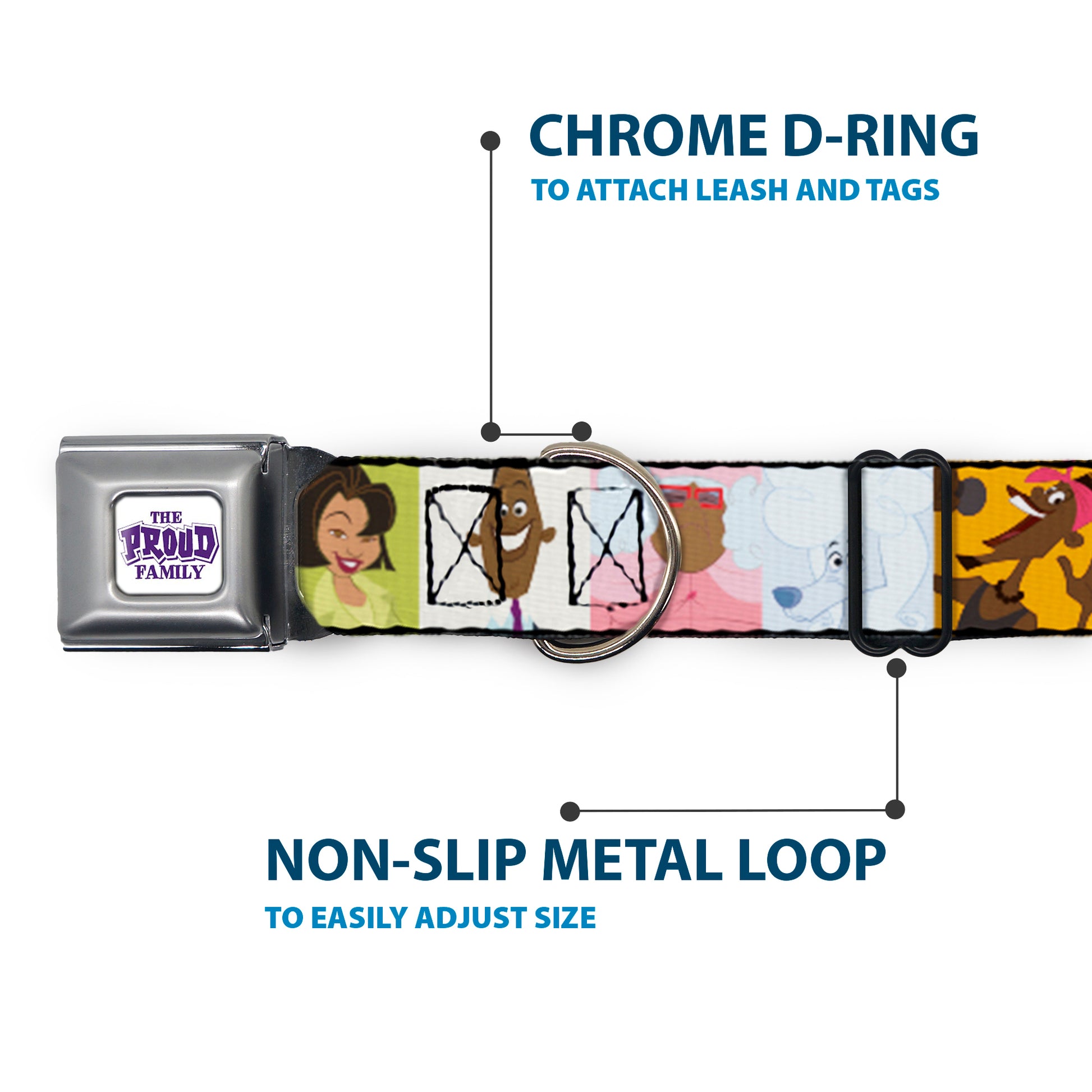 THE PROUD FAMILY Title Logo Full Color White/Purple Seatbelt Buckle Collar - The Proud Family 6-Character Block Poses Seatbelt Buckle Collars Disney