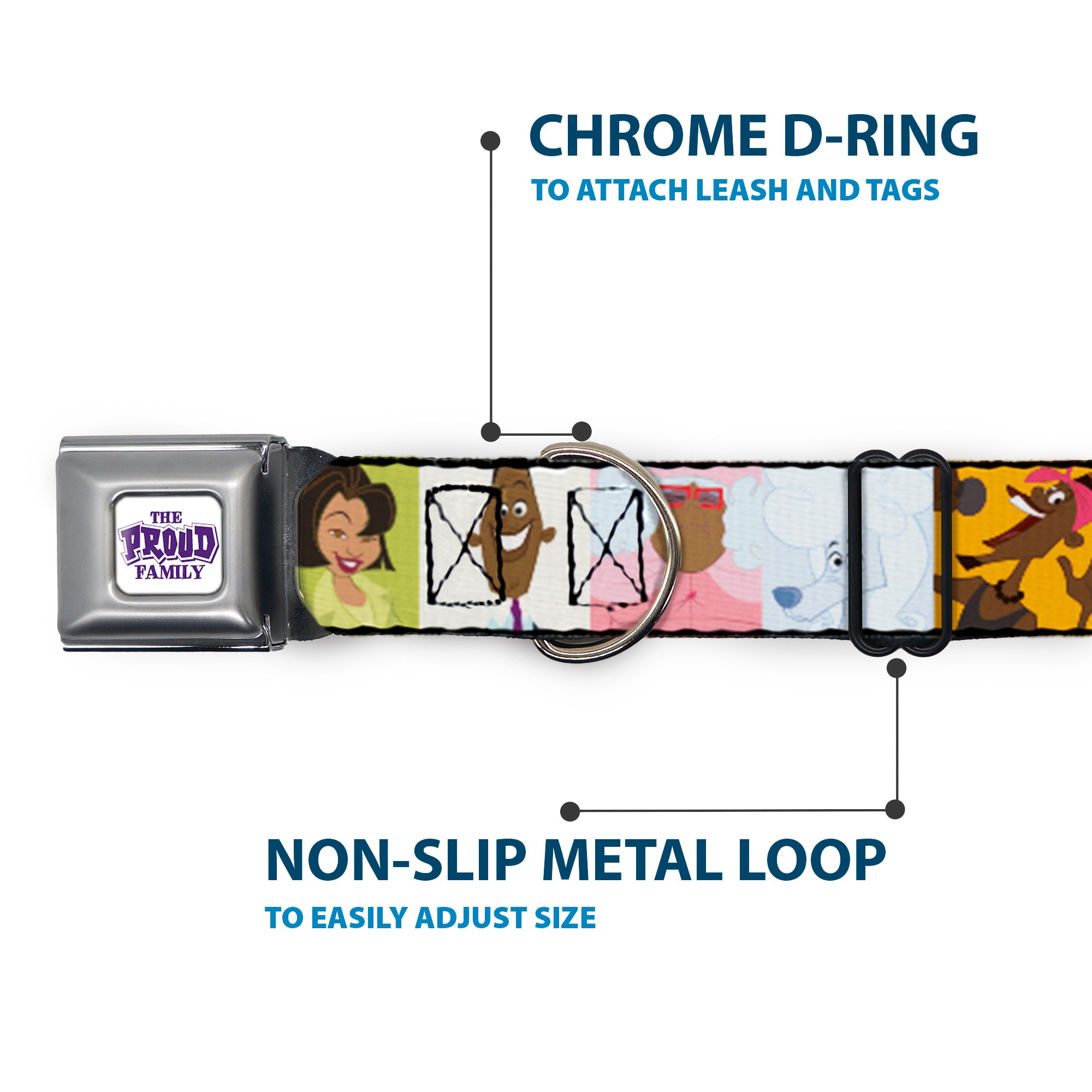 THE PROUD FAMILY Title Logo Full Color White/Purple Seatbelt Buckle Collar - The Proud Family 6-Character Block Poses Seatbelt Buckle Collars Disney