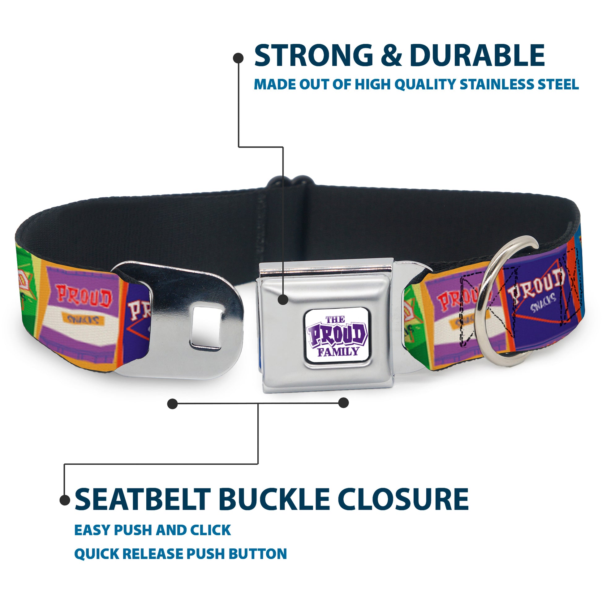 THE PROUD FAMILY Title Logo Full Color White/Purple Seatbelt Buckle Collar - The Proud Family PROUD SNACKS Logo Blocks Multi Color Seatbelt Buckle Collars Disney
