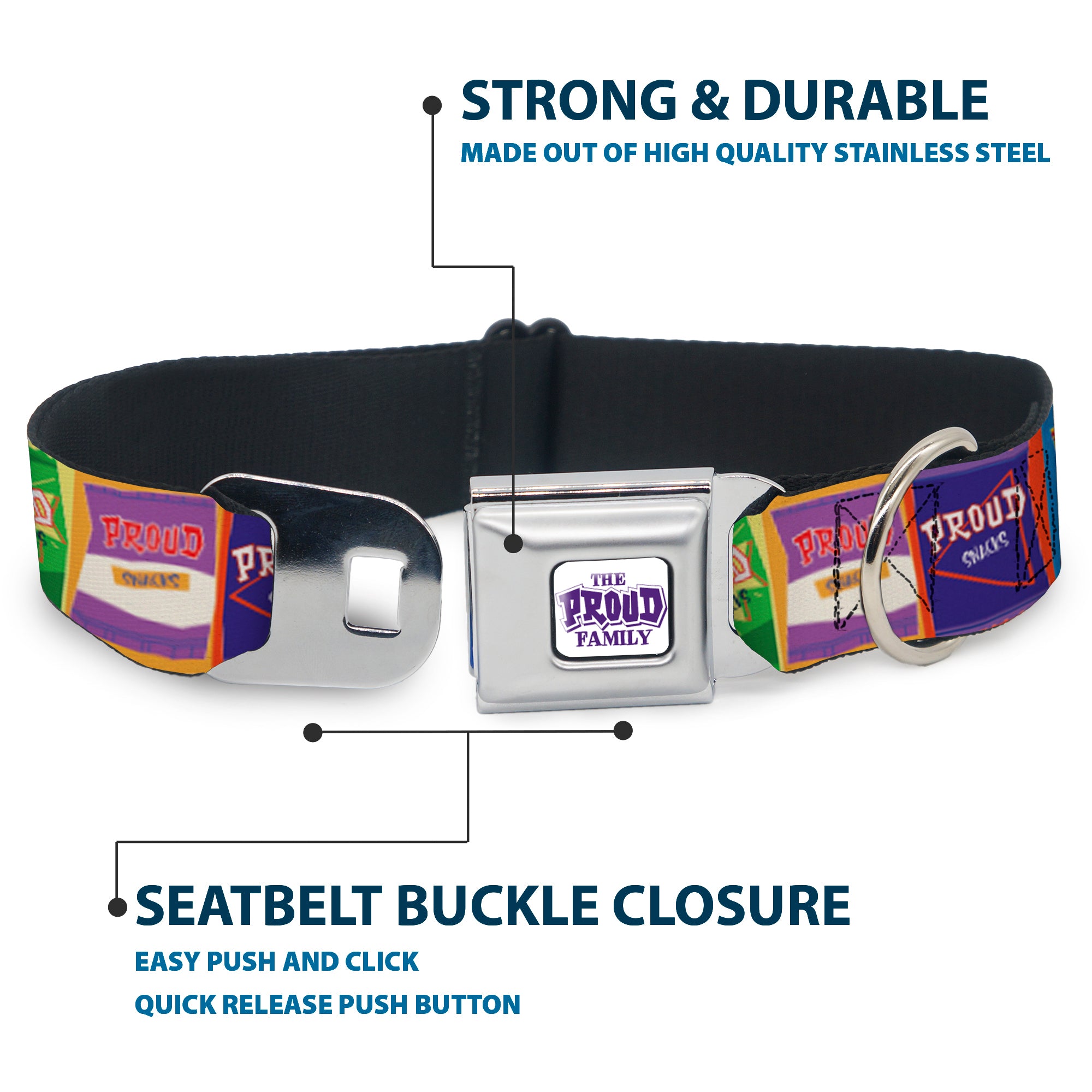 THE PROUD FAMILY Title Logo Full Color White/Purple Seatbelt Buckle Collar - The Proud Family PROUD SNACKS Logo Blocks Multi Color Seatbelt Buckle Collars Disney