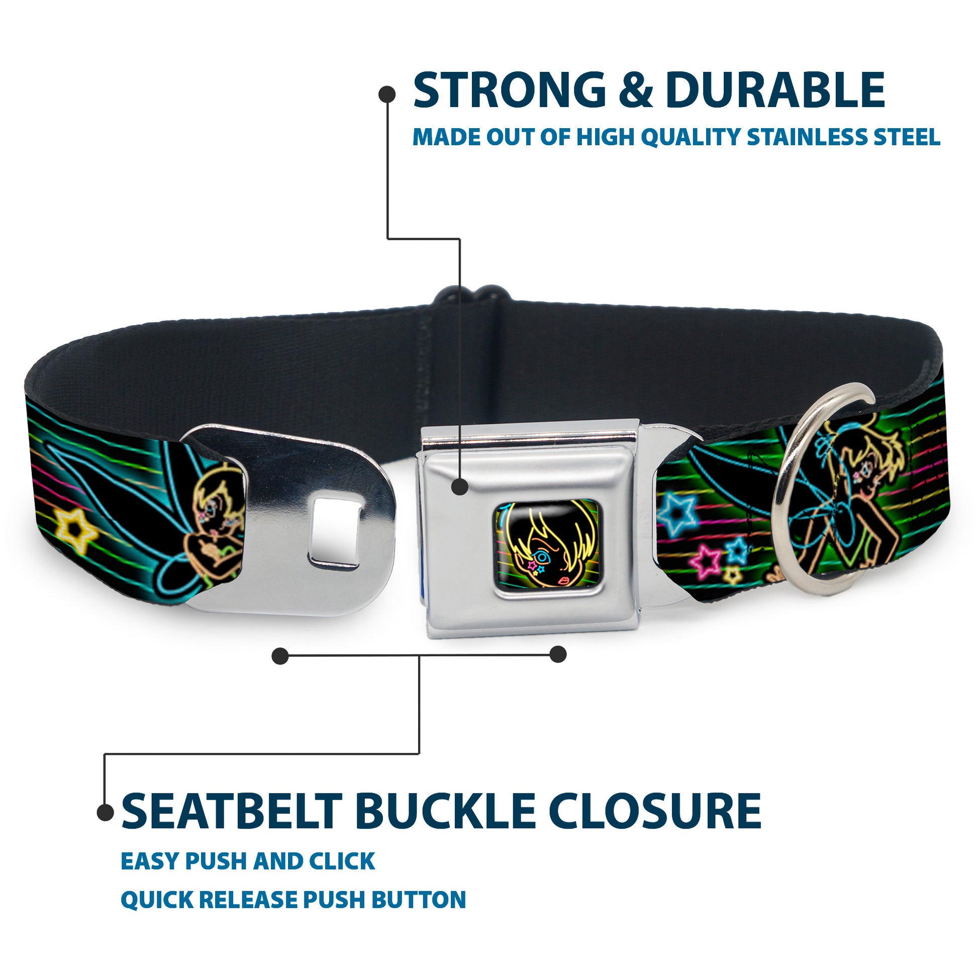 Electric Tinkerbell Face Full Color Black/Multi Neon Seatbelt Buckle Collar - Electric Tinkerbell Poses/Stripes Black/Multi Neon Seatbelt Buckle Collars Disney