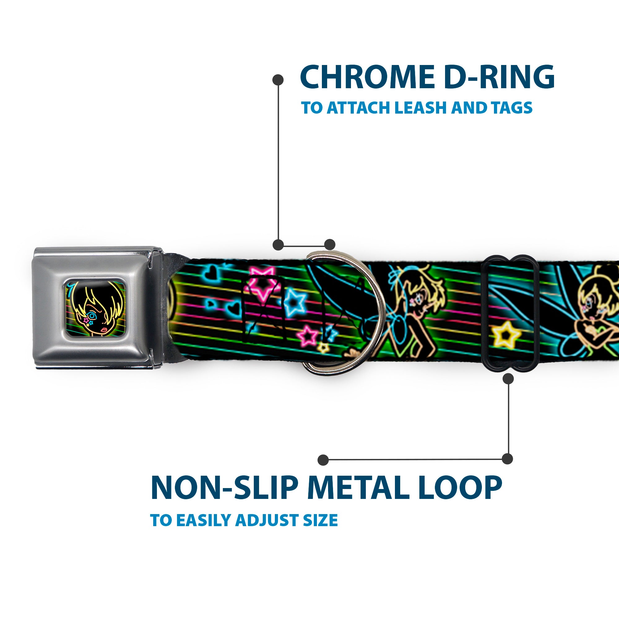 Electric Tinkerbell Face Full Color Black/Multi Neon Seatbelt Buckle Collar - Electric Tinkerbell Poses/Stripes Black/Multi Neon Seatbelt Buckle Collars Disney