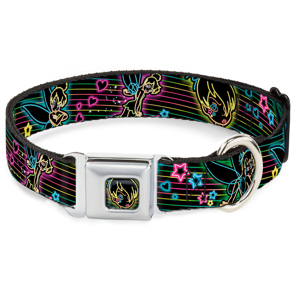 Electric Tinkerbell Face Full Color Black/Multi Neon Seatbelt Buckle Collar - Electric Tinkerbell Poses/Stripes Black/Multi Neon Seatbelt Buckle Collars Disney
