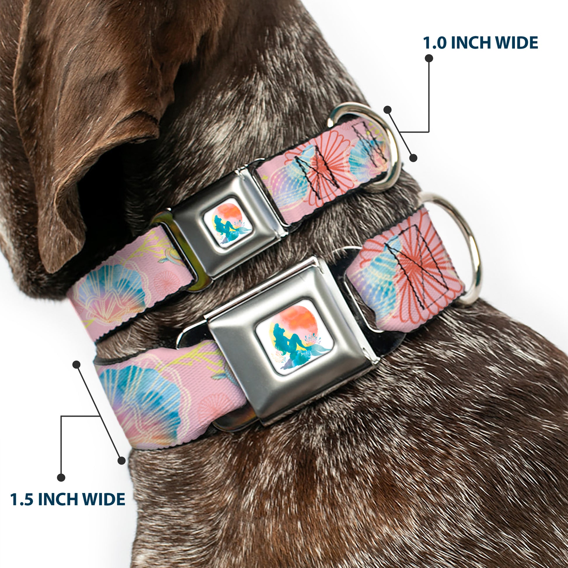 The Little Mermaid Ariel Silhouette Pose Full Color White/Multi Color Seatbelt Buckle Collar - The Little Mermaid Flounder and Sebastian Under the Sea Pinks Seatbelt Buckle Collars Disney